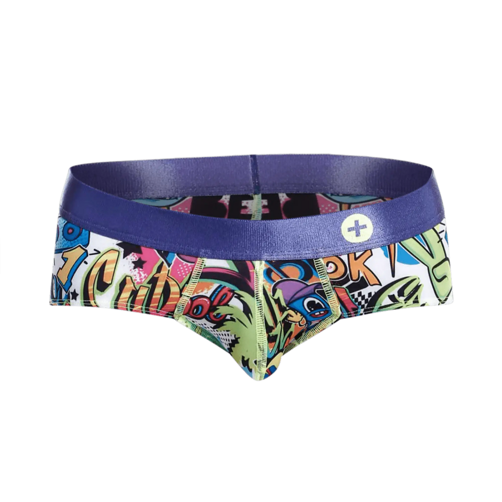 MaleBasics hipster briefs with a colorful, multi-patterned comic book print and a solid blue waistband.