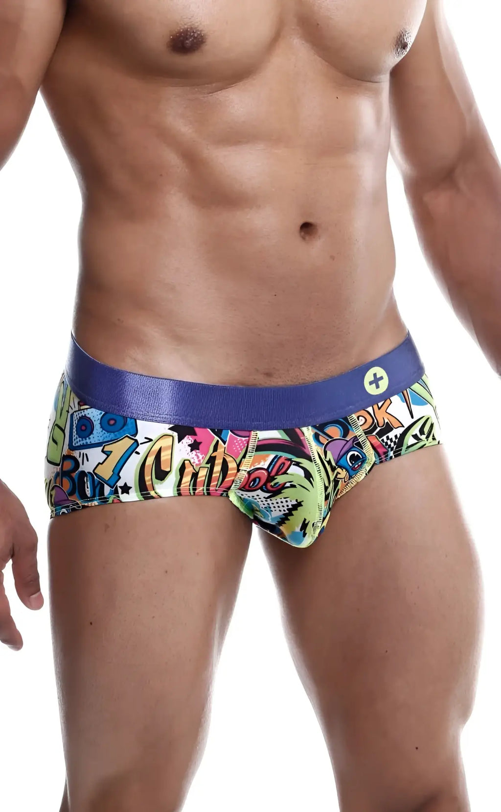Malebasics hipster brief comics with vibrant graffiti-inspired print and bold blue waistband men’s underwear