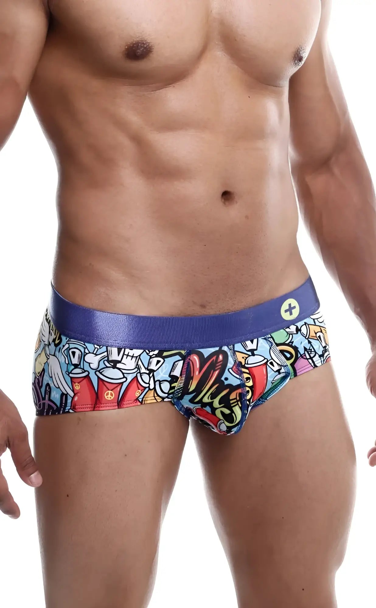 MaleBasics hipster briefs with vibrant graffiti pattern colorful cartoon graphics and bold blue waistband