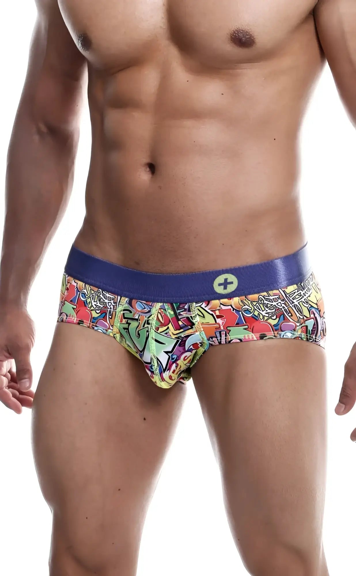 MaleBasics hipster brief comics vibrant graffiti patterned men’s briefs with solid blue waistband and circular logo