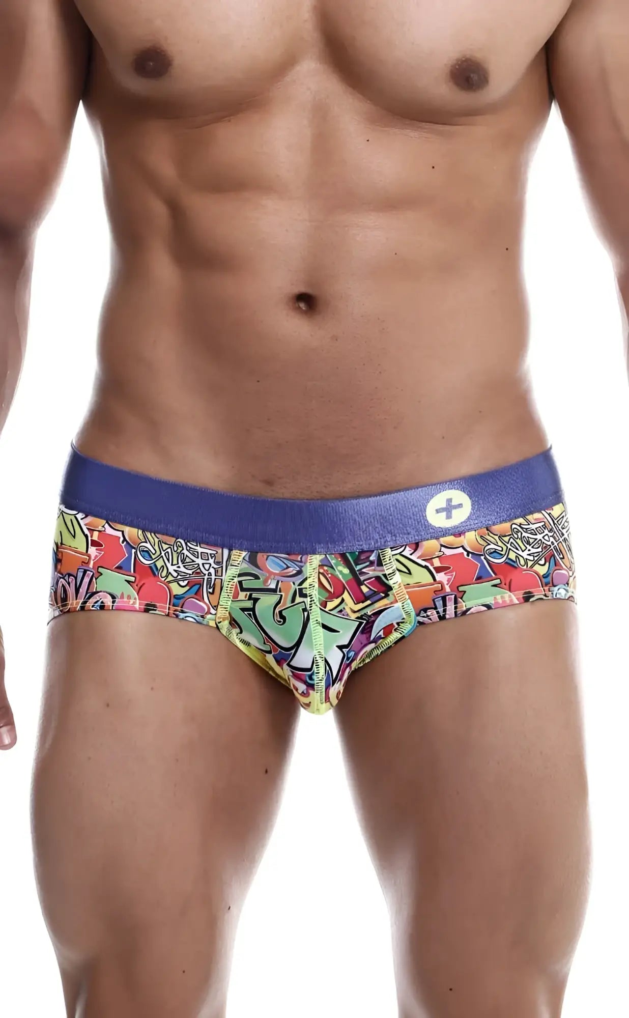 Malebasics hipster brief comics vibrant graffiti-patterned men’s briefs with solid blue waistband and white circular logo