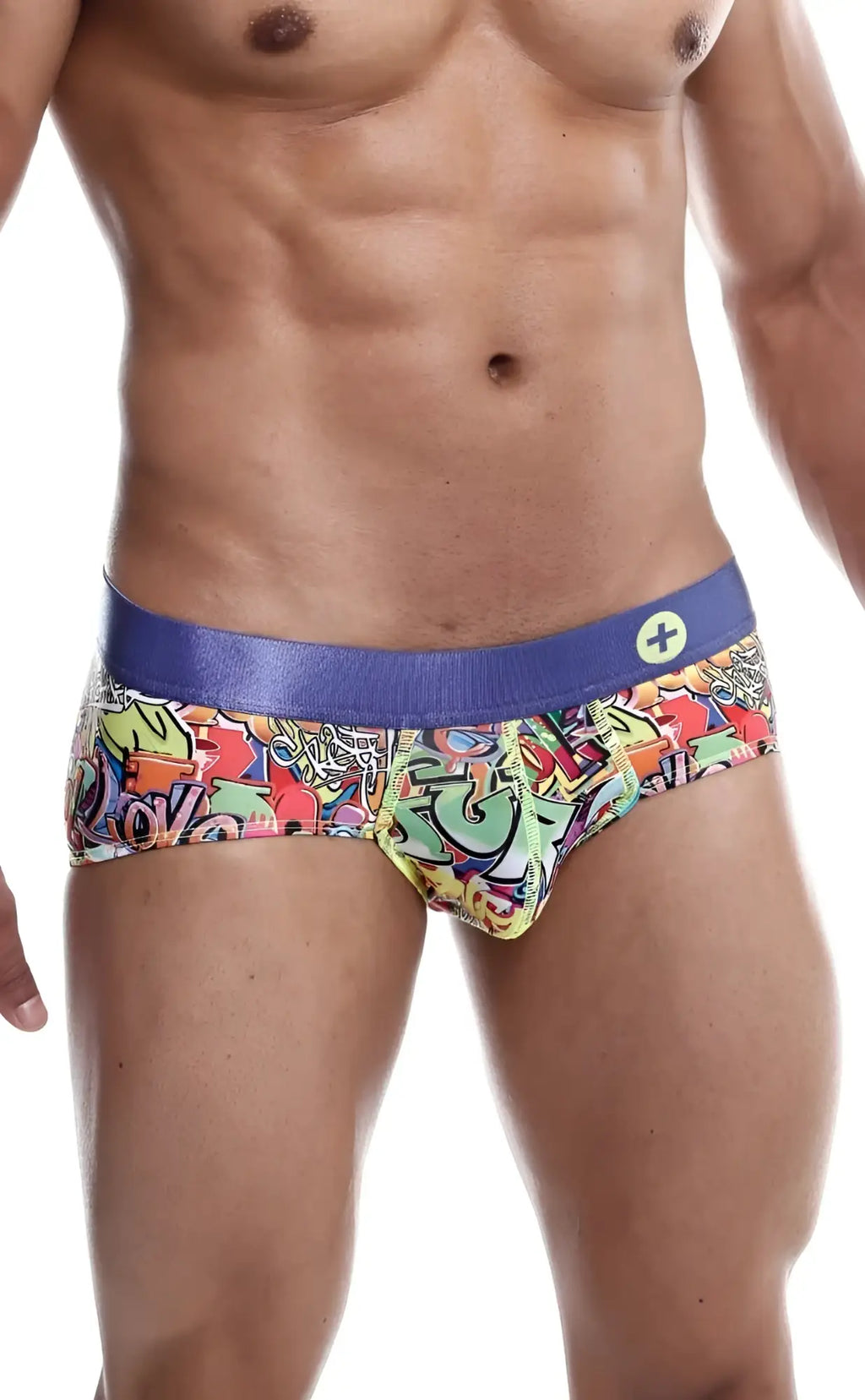 Malebasics hipster brief comics featuring vibrant graffiti pattern and solid blue waistband with white plus sign logo