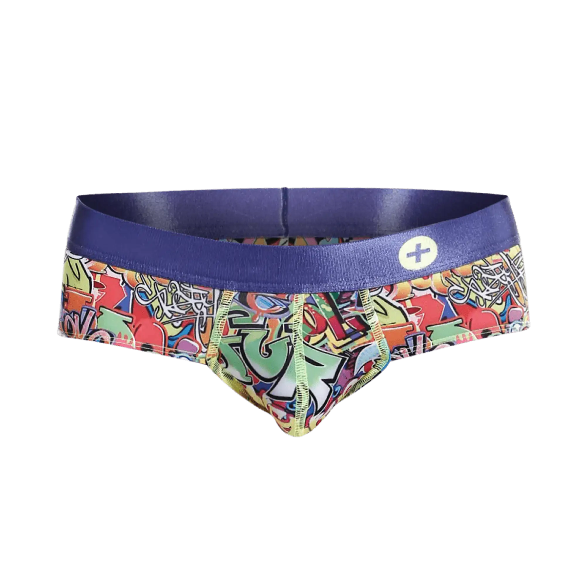 MaleBasics hipster brief comics with vibrant graffiti pattern and solid purple waistband featuring white plus sign logo