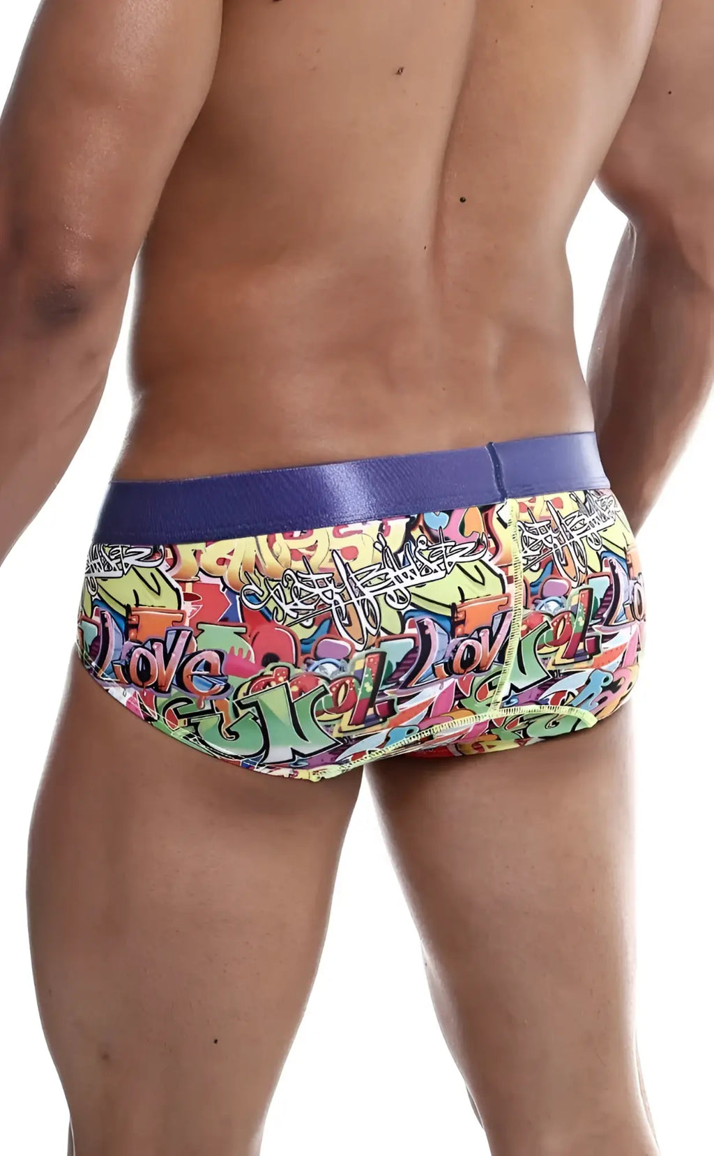 Malebasics hipster brief comics with vibrant graffiti pattern and bold purple waistband for stylish swimwear use