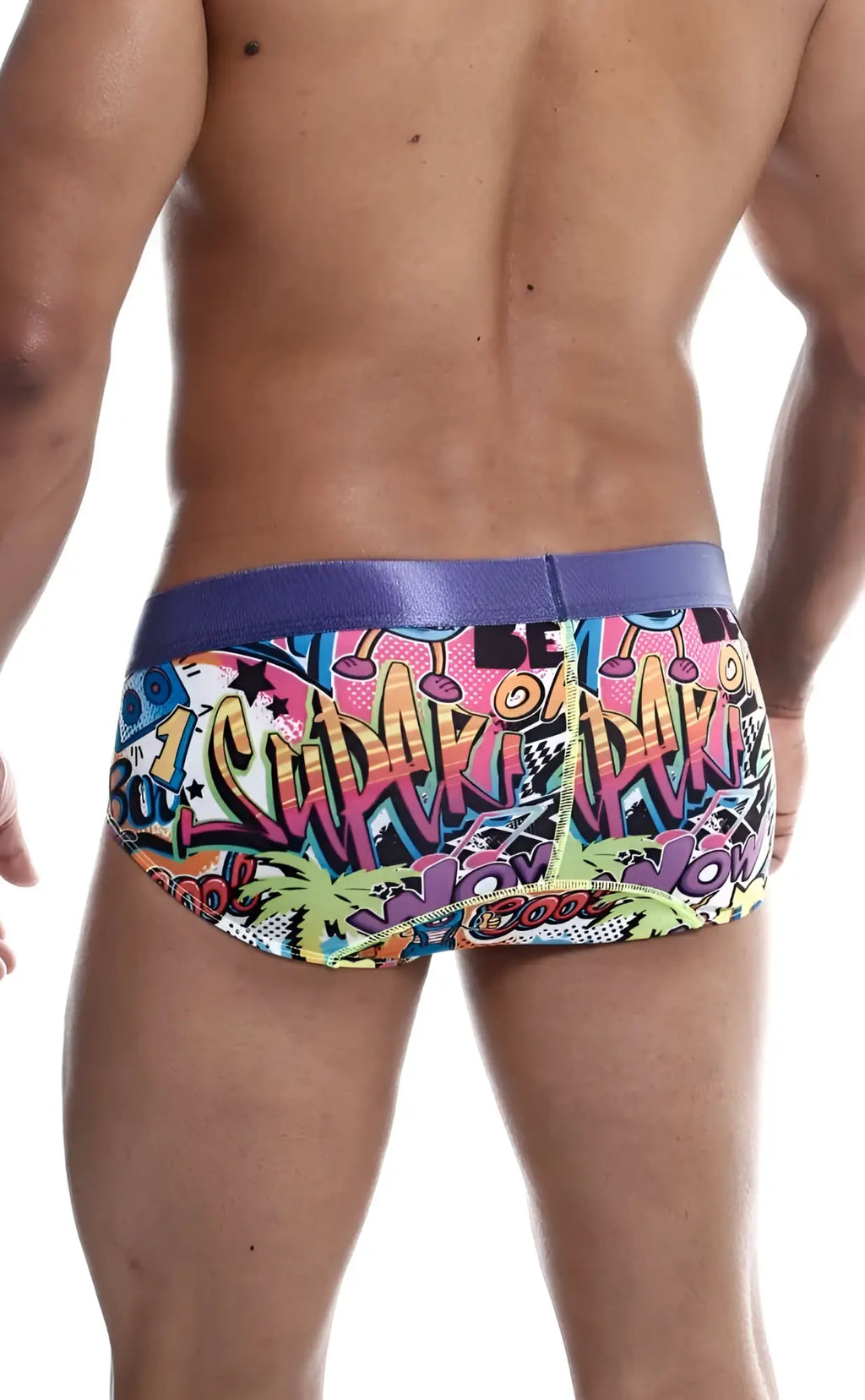 Malebasics hipster brief comics with vibrant graffiti pattern and bold purple waistband for stylish swimwear use