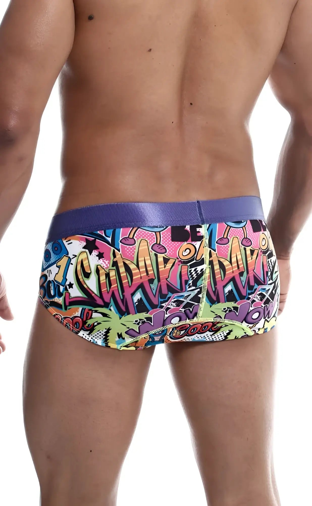 Malebasics hipster brief comics with vibrant graffiti pattern and bold purple waistband for stylish swimwear use