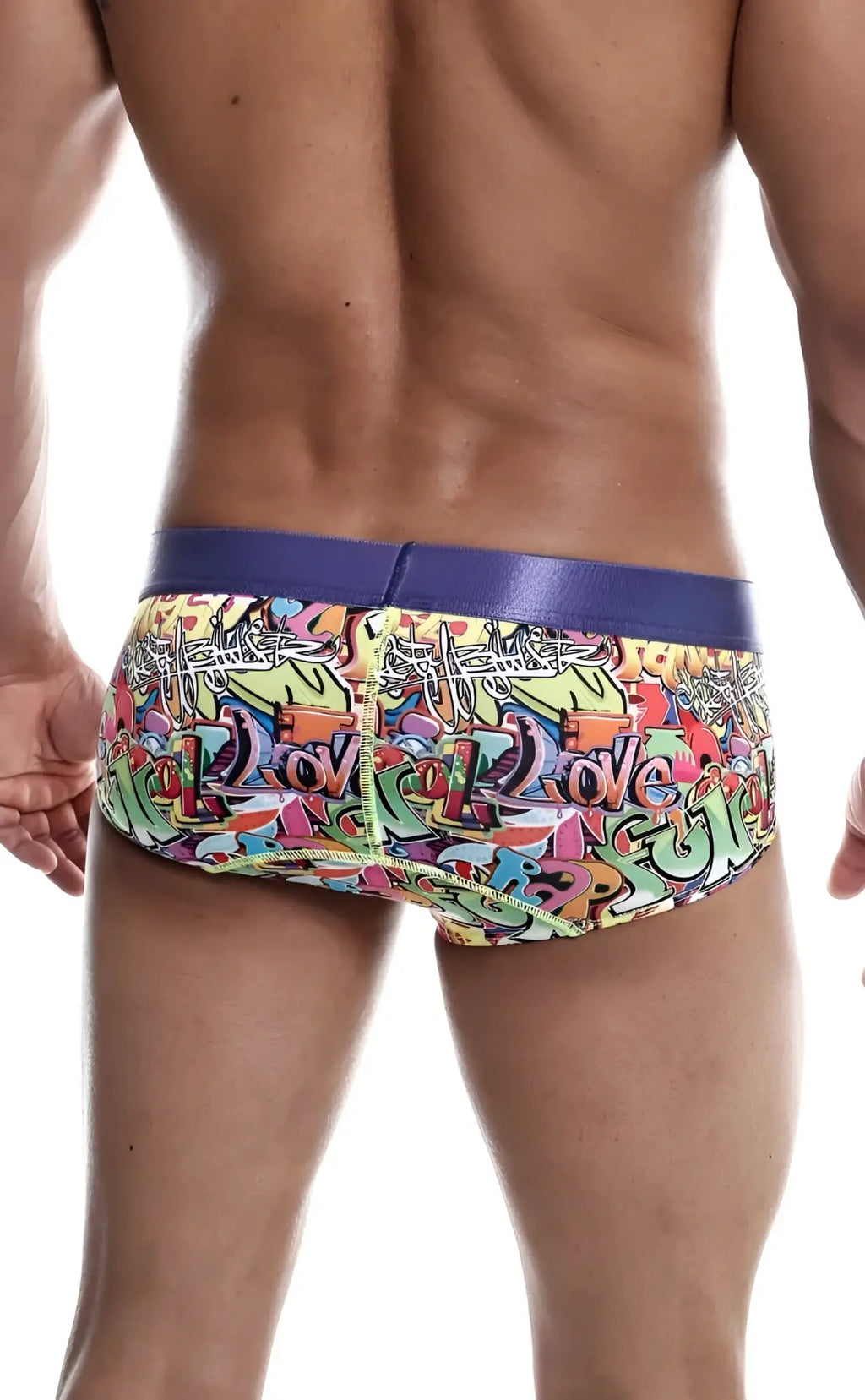 Malebasics hipster brief comics with vibrant graffiti pattern and bold purple waistband for stylish swimwear use