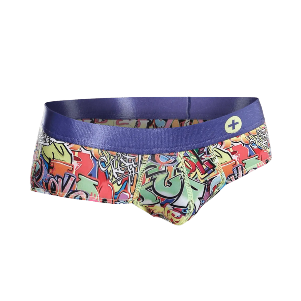 MaleBasics hipster brief comics swim trunks with vibrant graffiti pattern purple waistband and neon yellow stitching
