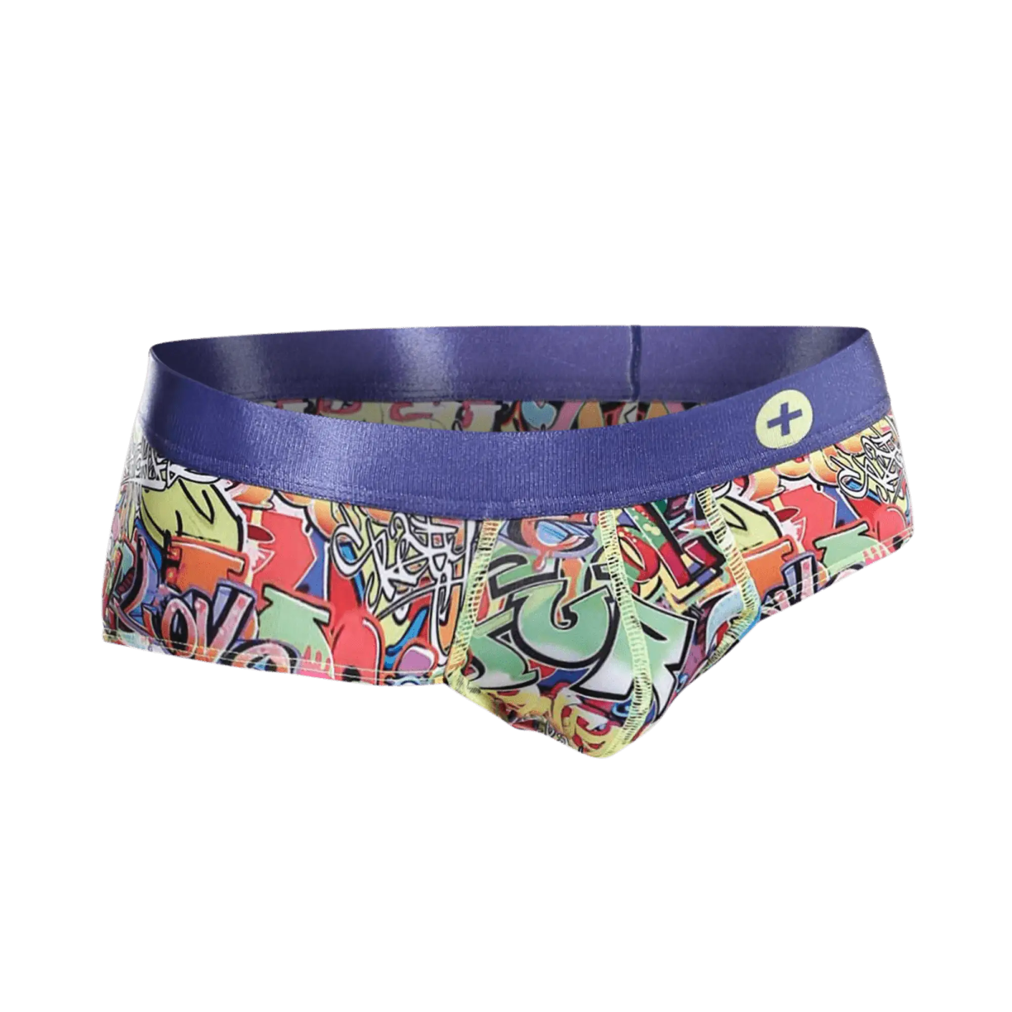 MaleBasics hipster brief comics swim trunks with vibrant graffiti pattern purple waistband and neon yellow stitching
