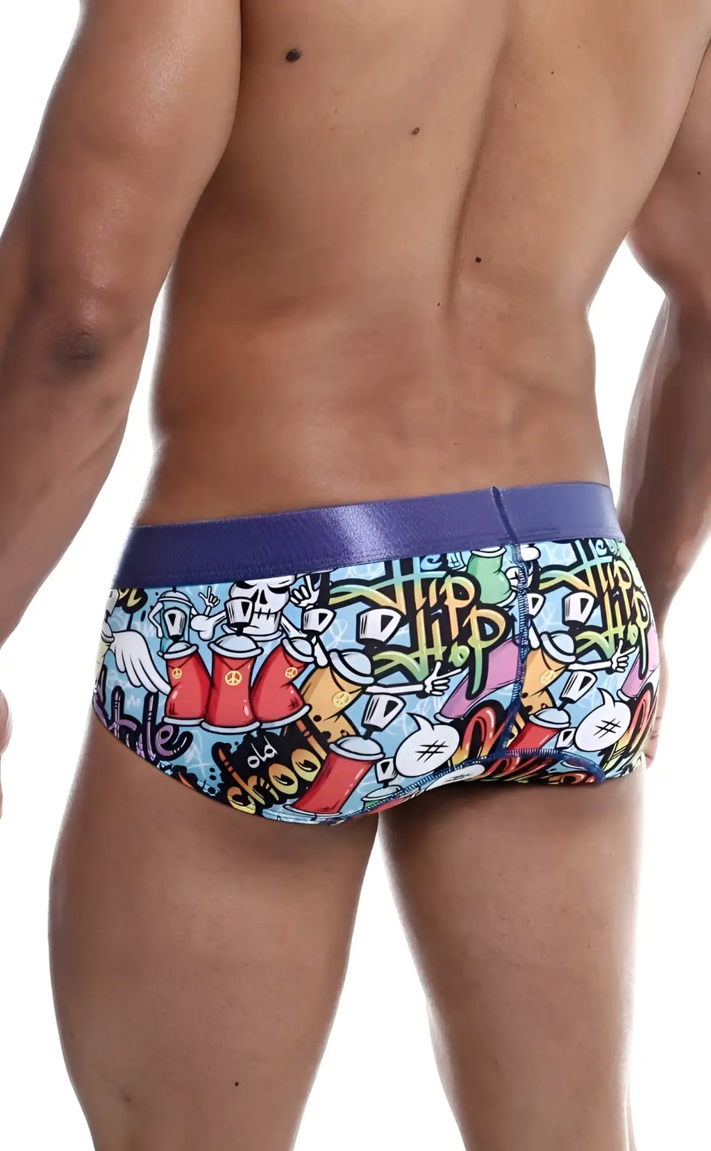 Malebasics hipster brief comics men’s swim trunks with vibrant graffiti-style cartoon graphics and a blue waistband