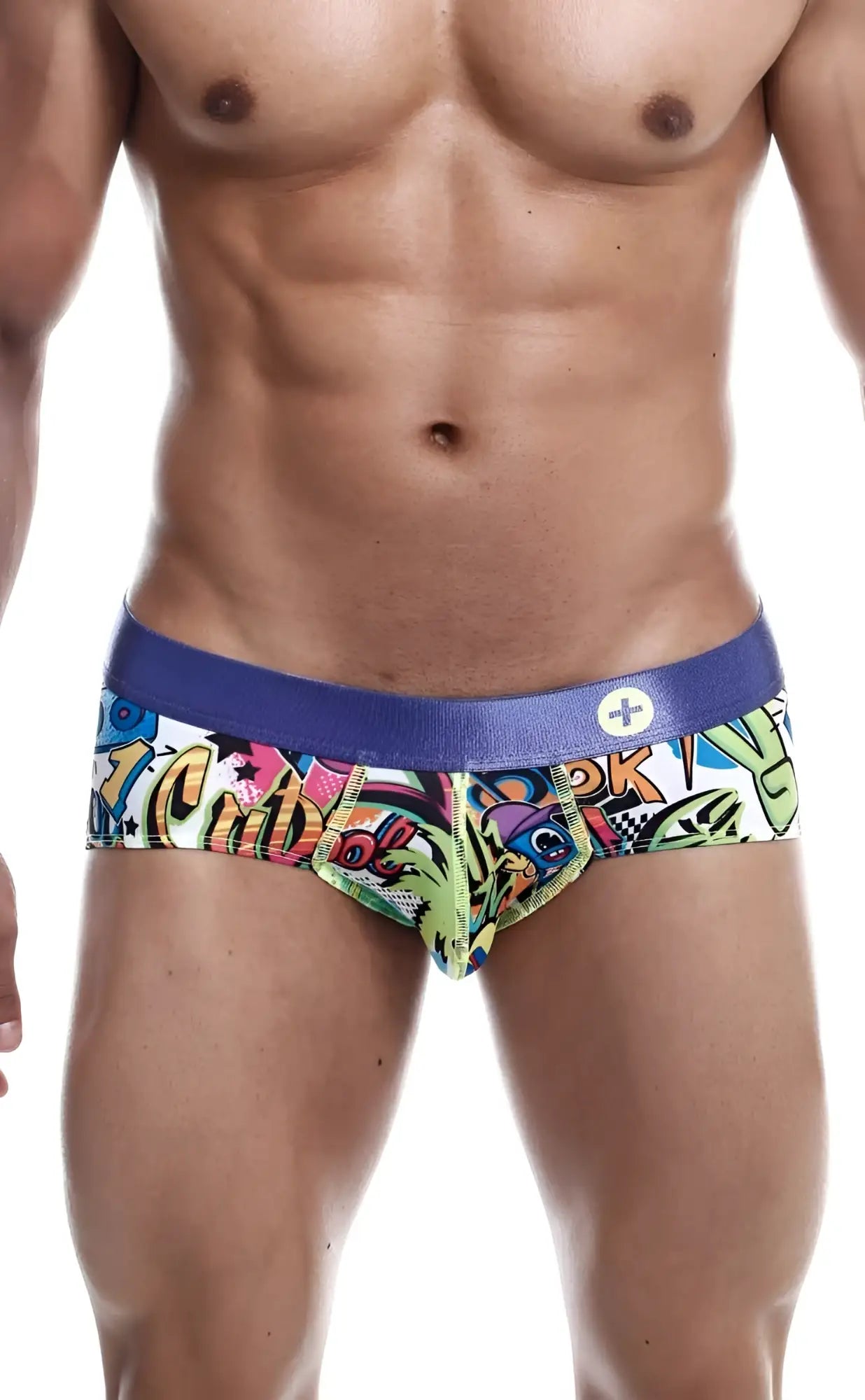 Malebasics hipster brief comics with vibrant graffiti-style print colorful cartoonish graphics and bold blue waistband
