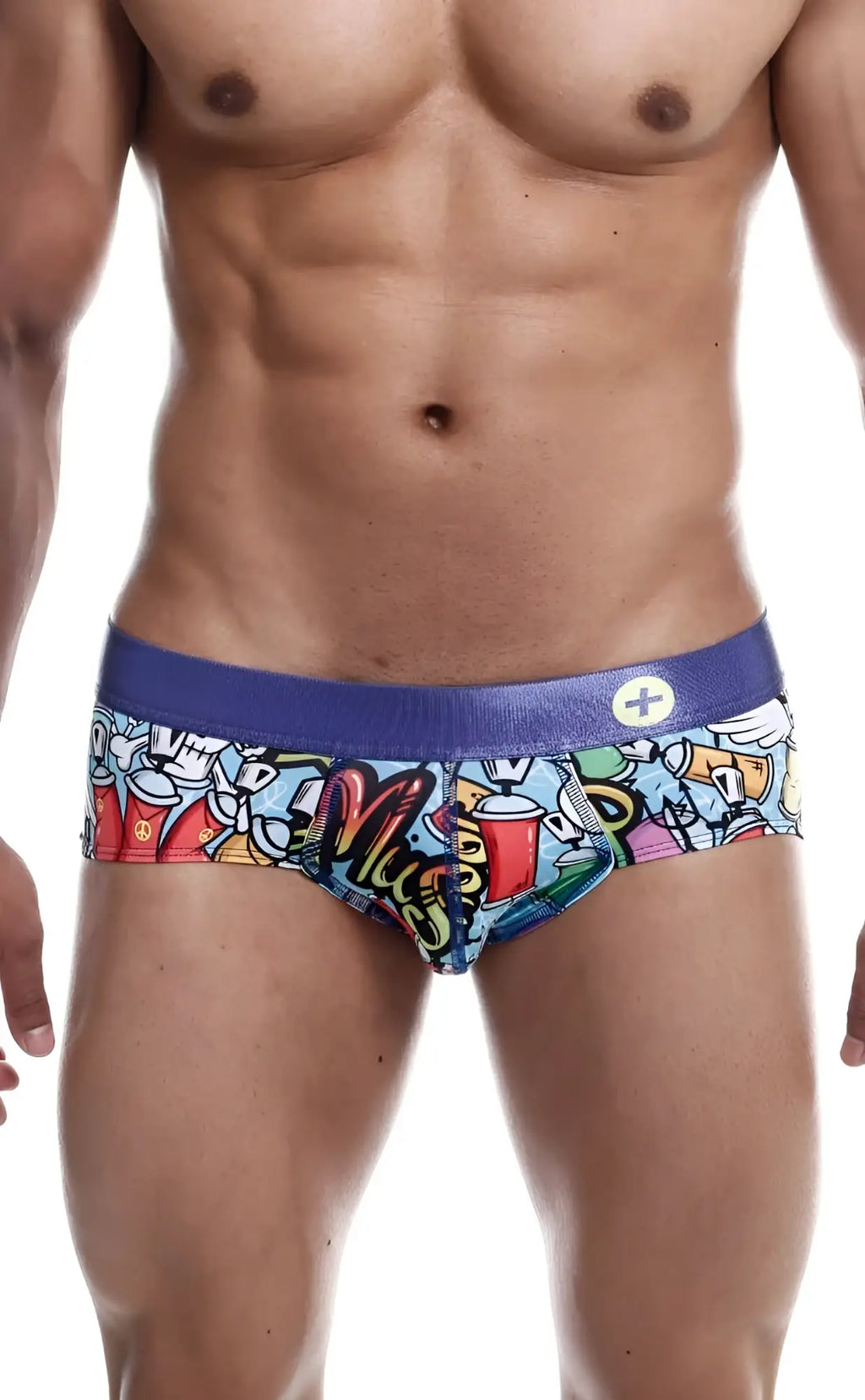 Malebasics hipster brief comics with vibrant graffiti-style print and bold purple waistband featuring colorful cartoons