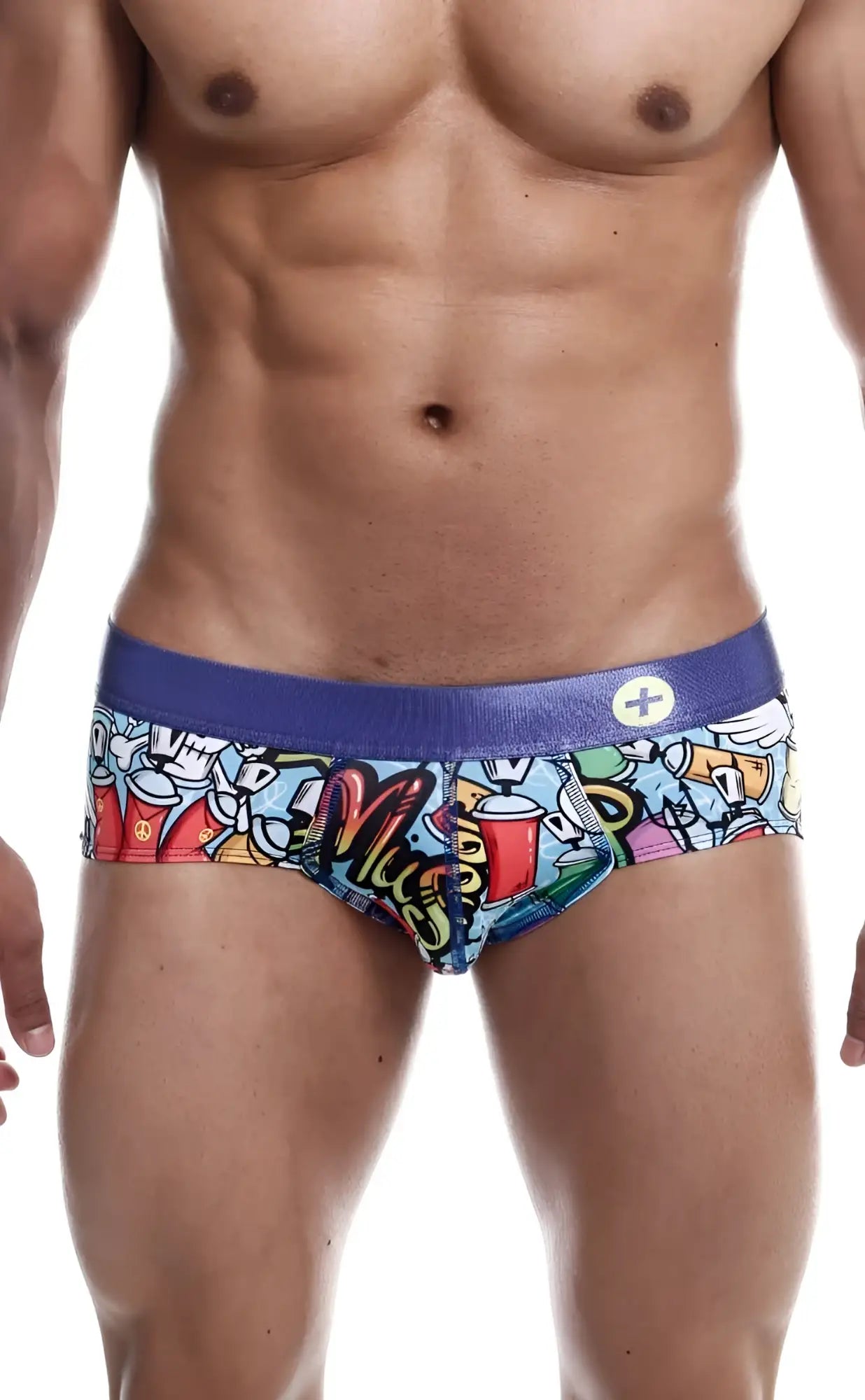 Malebasics hipster brief comics with vibrant graffiti-style print and bold purple waistband featuring colorful cartoons