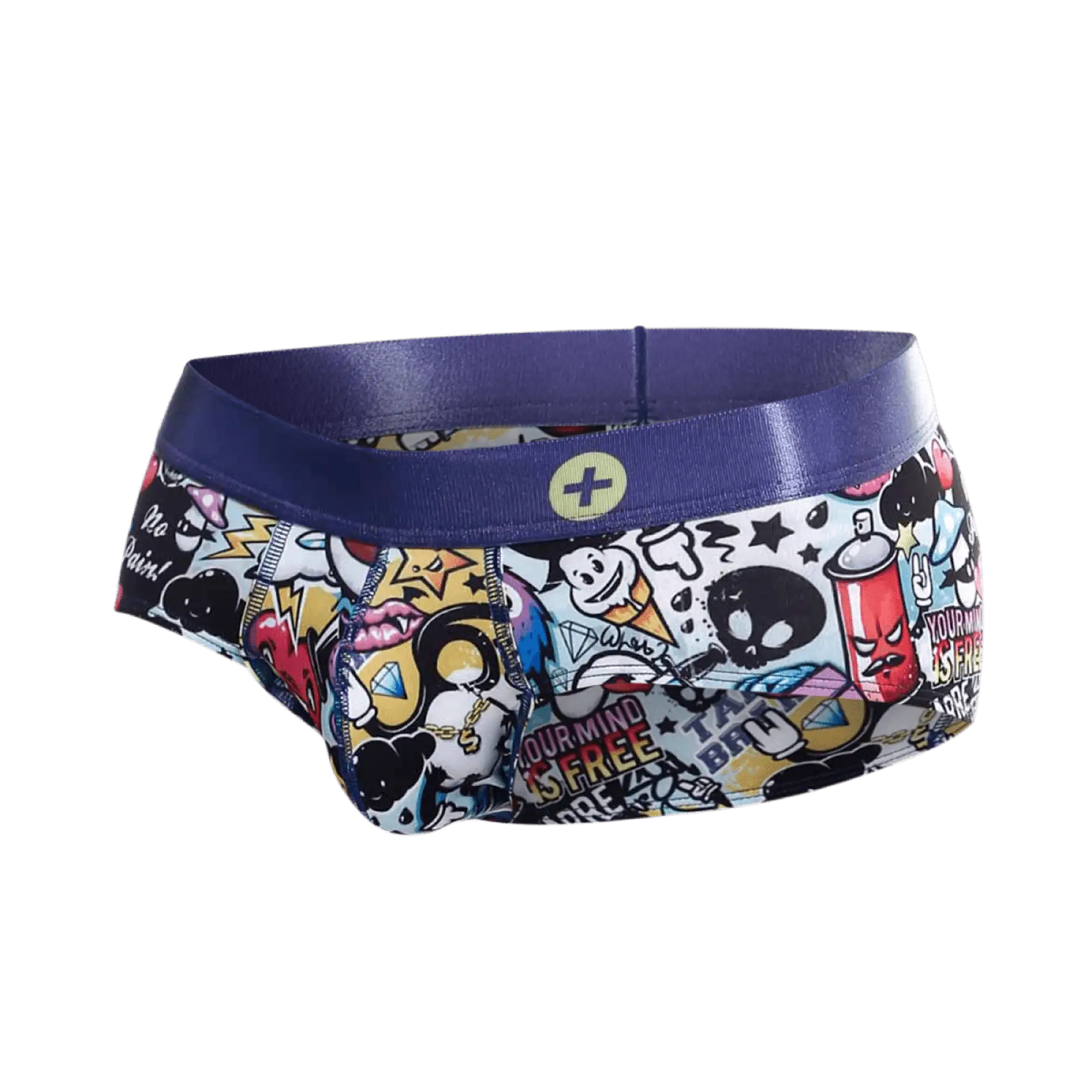Malebasics hipster brief comics vibrant graffiti-style printed men’s briefs with bold purple waistband and colorful cartoons