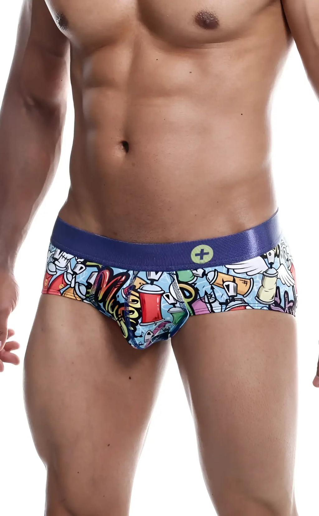 Malebasics hipster brief comics vibrant graffiti style printed men’s briefs with solid blue elastic waistband