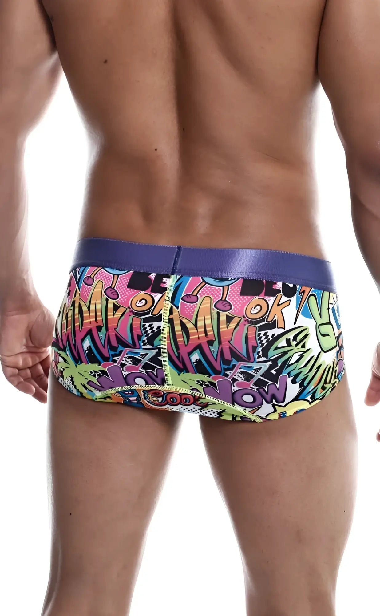MaleBasics hipster brief comics with vibrant graffiti print and bold purple waistband for stylish swimwear use