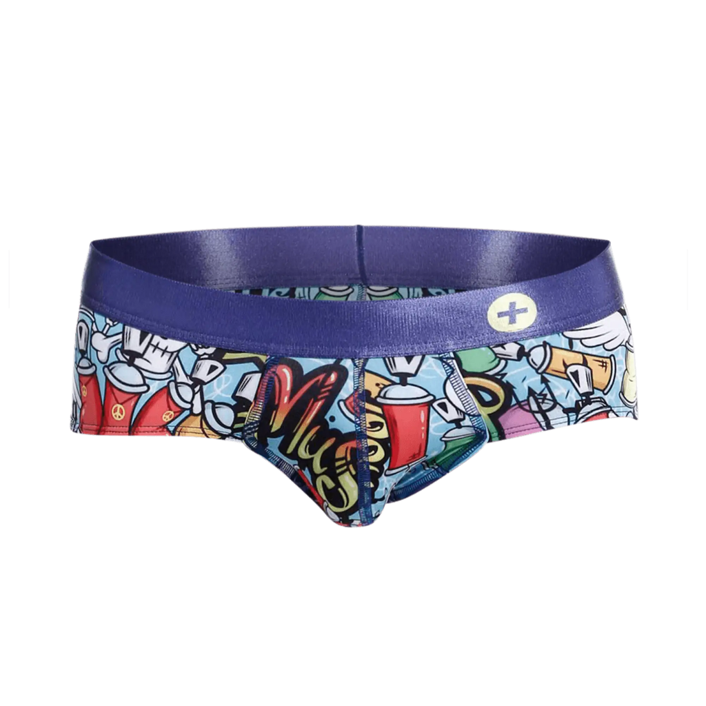 MaleBasics hipster brief comics featuring vibrant graffiti-themed colorful cartoon graphics and a bold blue waistband
