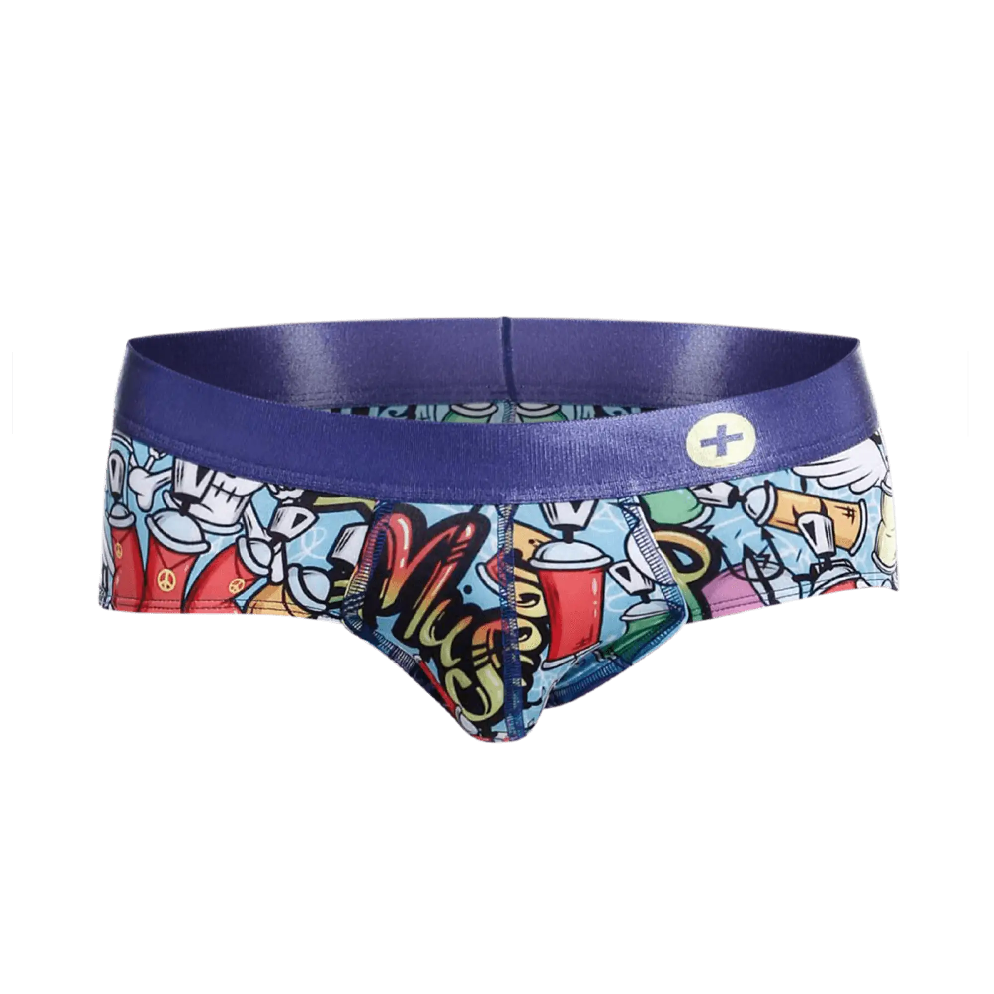 Malebasics hipster brief comics vibrant graffiti-themed men’s briefs with bold blue waistband and colorful cartoon graphics