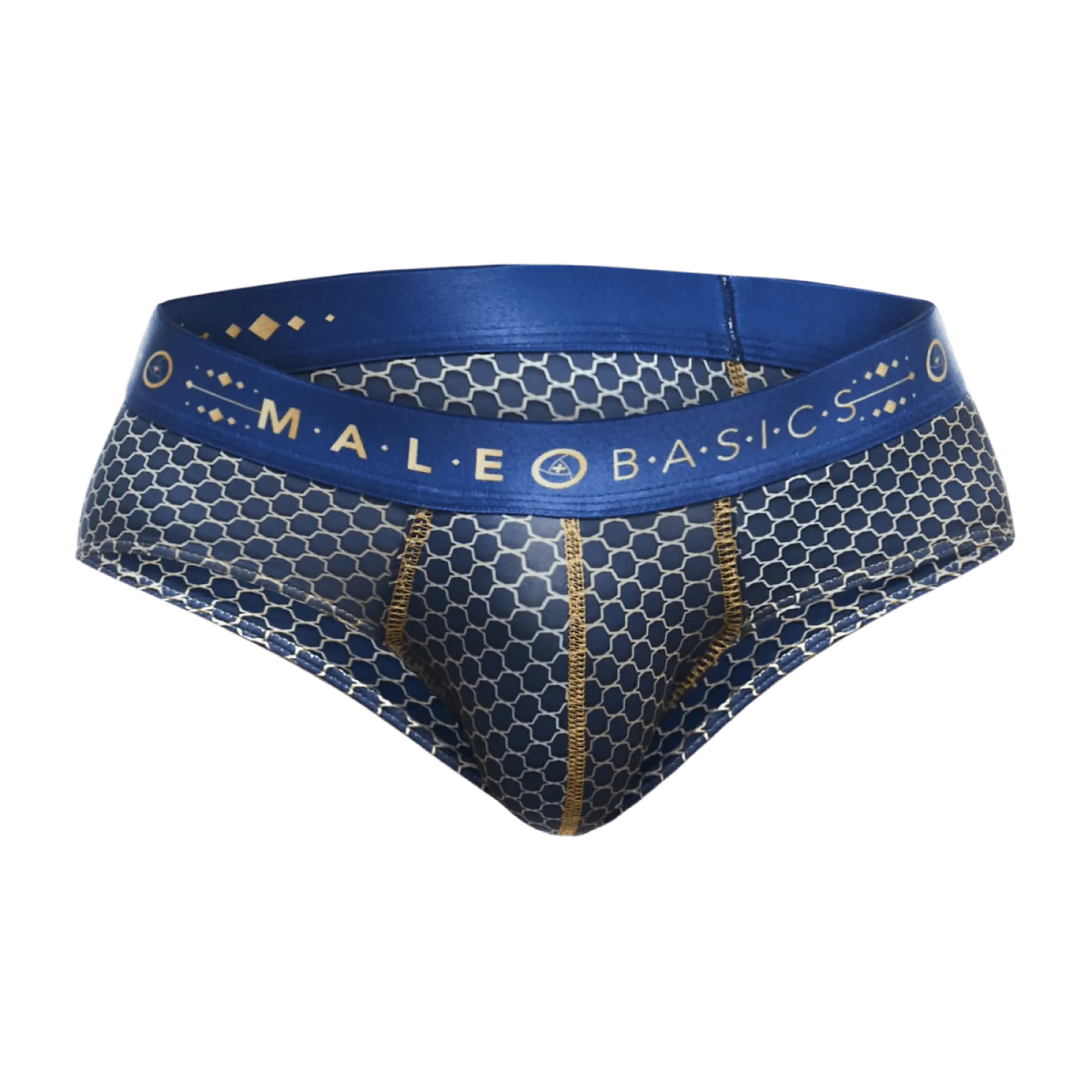Male basics hipster brief in blue and silver honeycomb pattern with a gold-trimmed waistband and logo