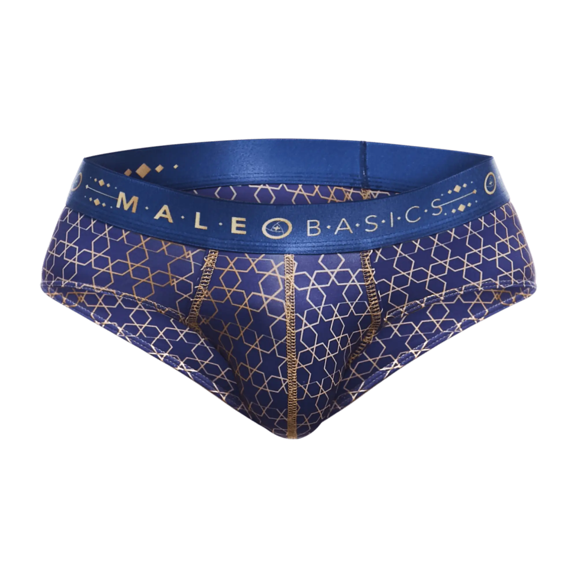 Blue and gold patterned men’s hipster briefs with male basics waistband designed for comfortable everyday wear