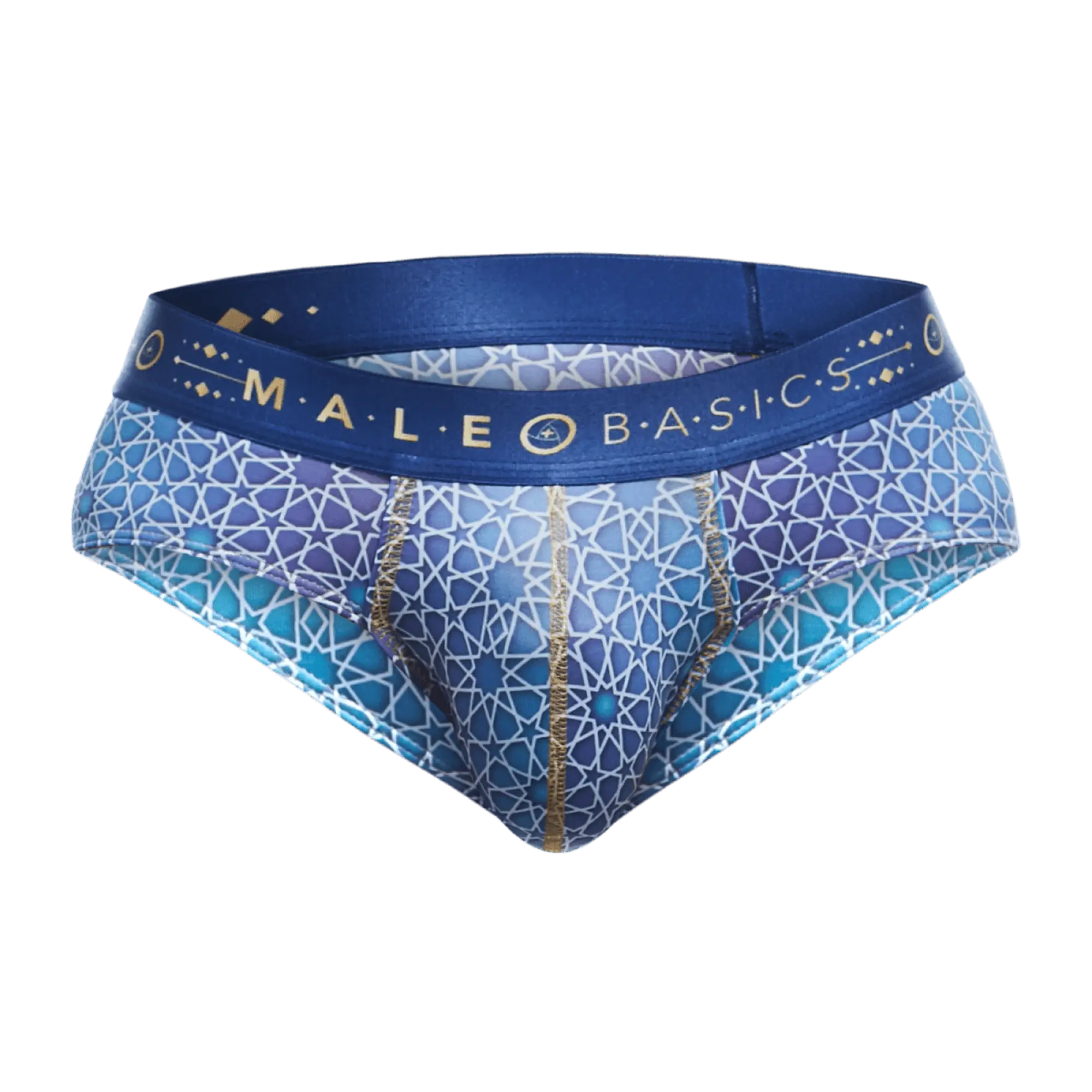 Malebasics hipster brief showing blue and purple patterned men’s briefs with gold geometric accents and branded waistband