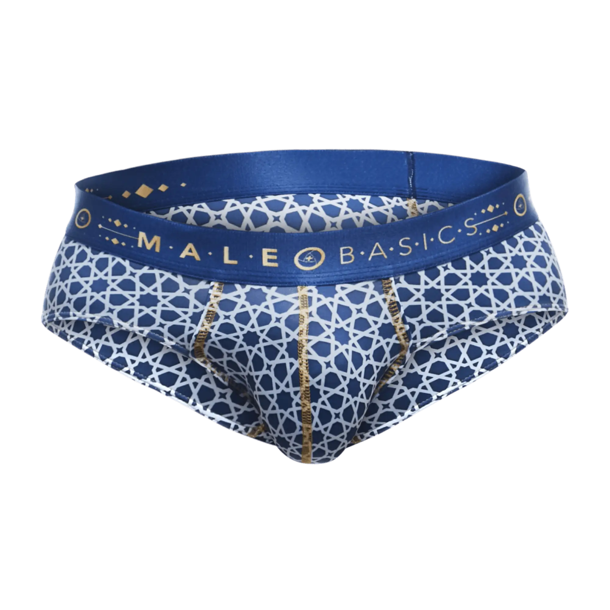 Blue and white patterned men’s hipster briefs with gold trim and male basics logo on the waistband