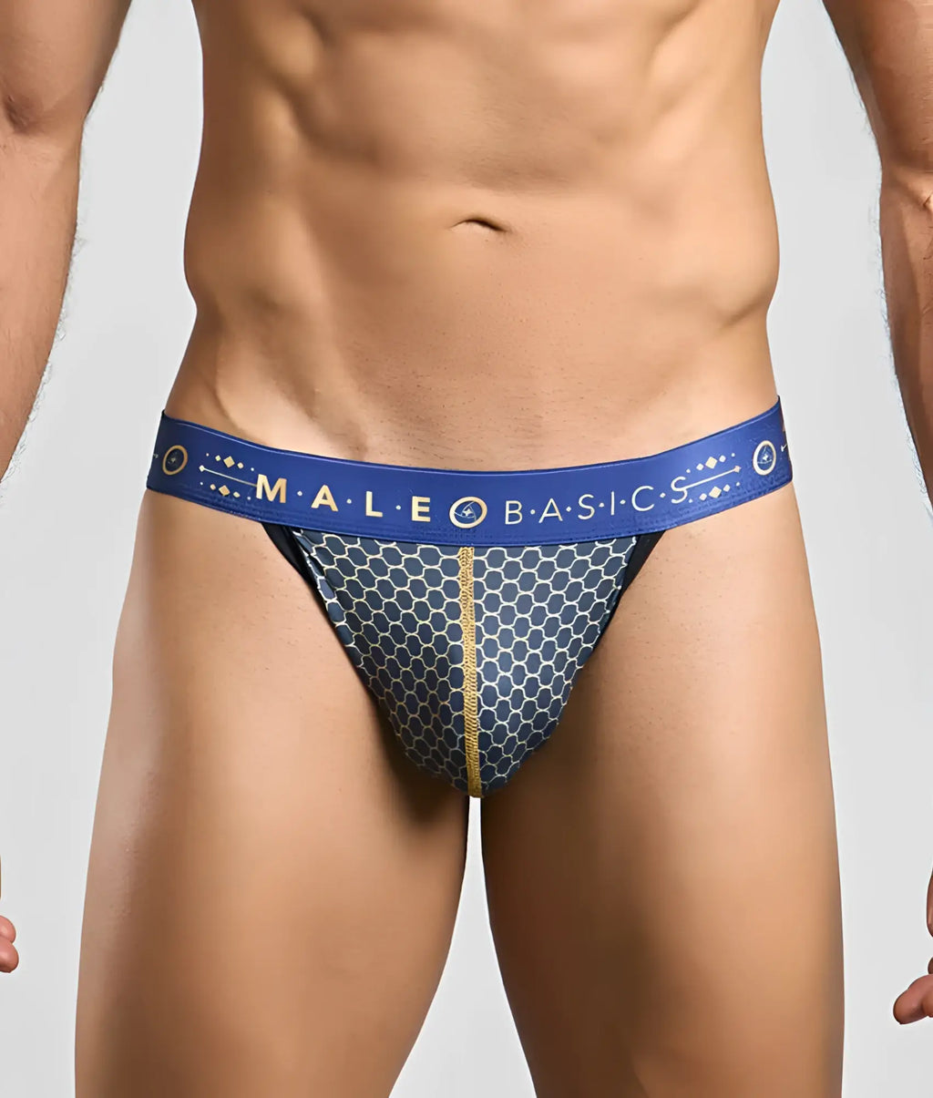 Malebasics hipster jockstrap in blue and gold honeycomb pattern with branded waistband for men