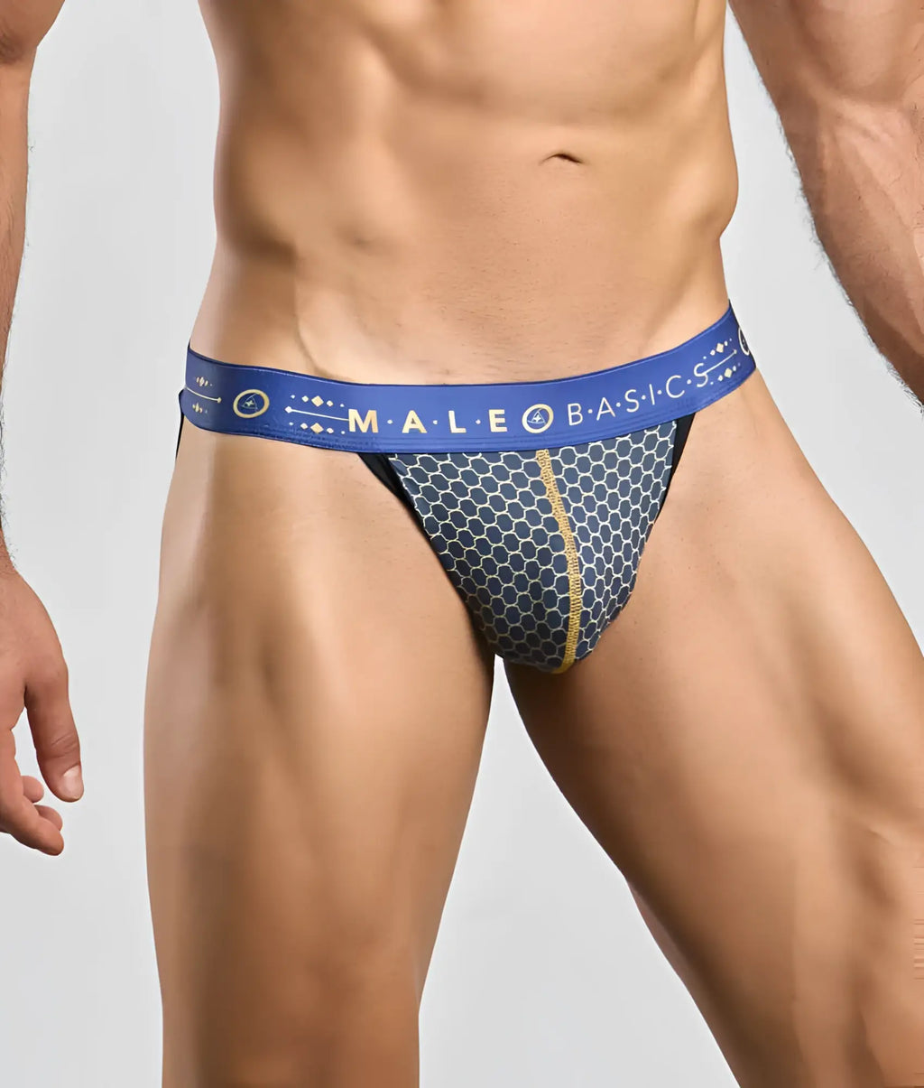 Malebasics hipster jockstrap in blue and gold honeycomb pattern with branded waistband designed for men