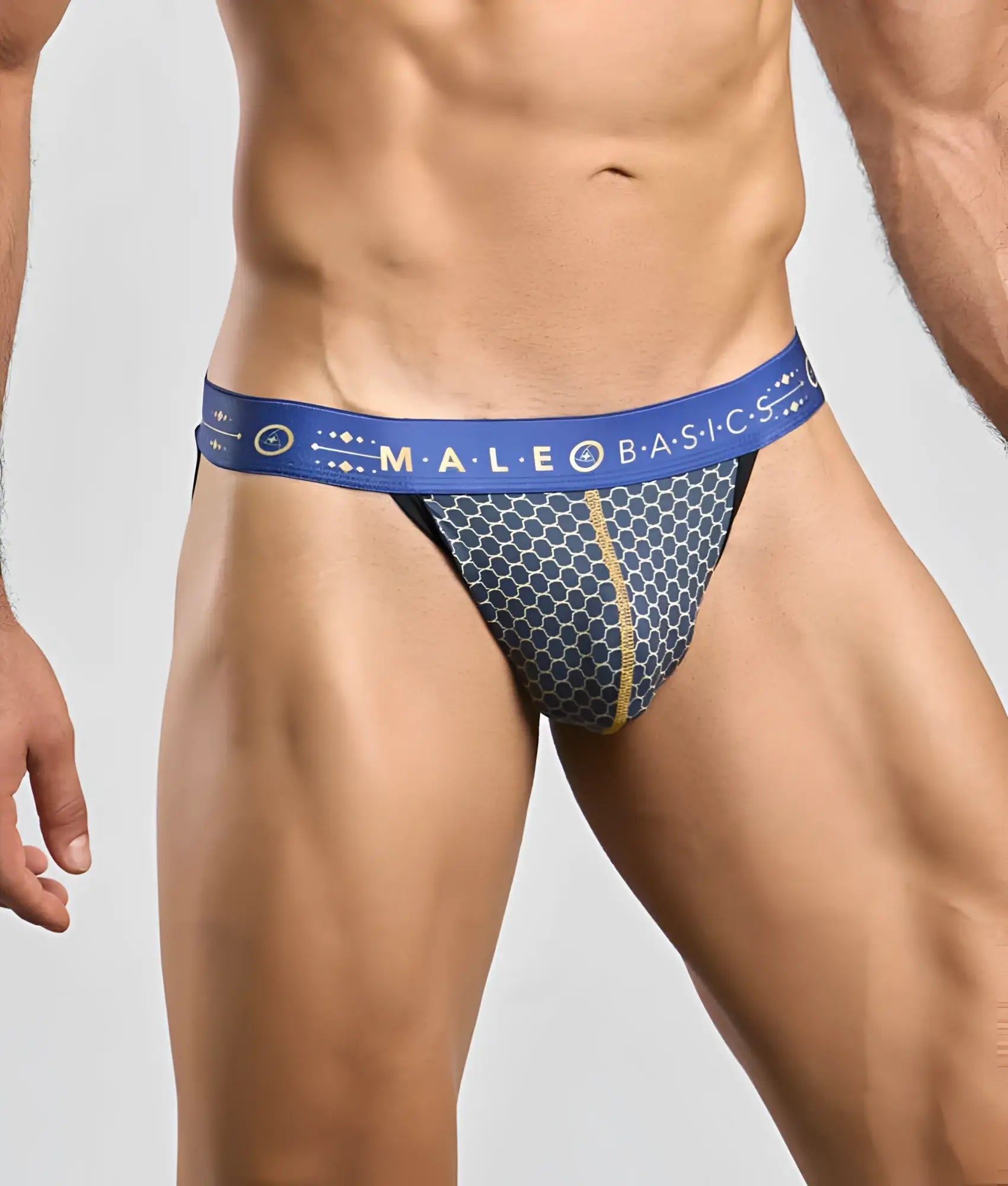 Malebasics hipster jockstrap in blue and gold honeycomb pattern with branded waistband designed for men