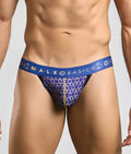 Malebasics hipster jockstrap in blue and gold patterned fabric with a geometric design for comfortable support