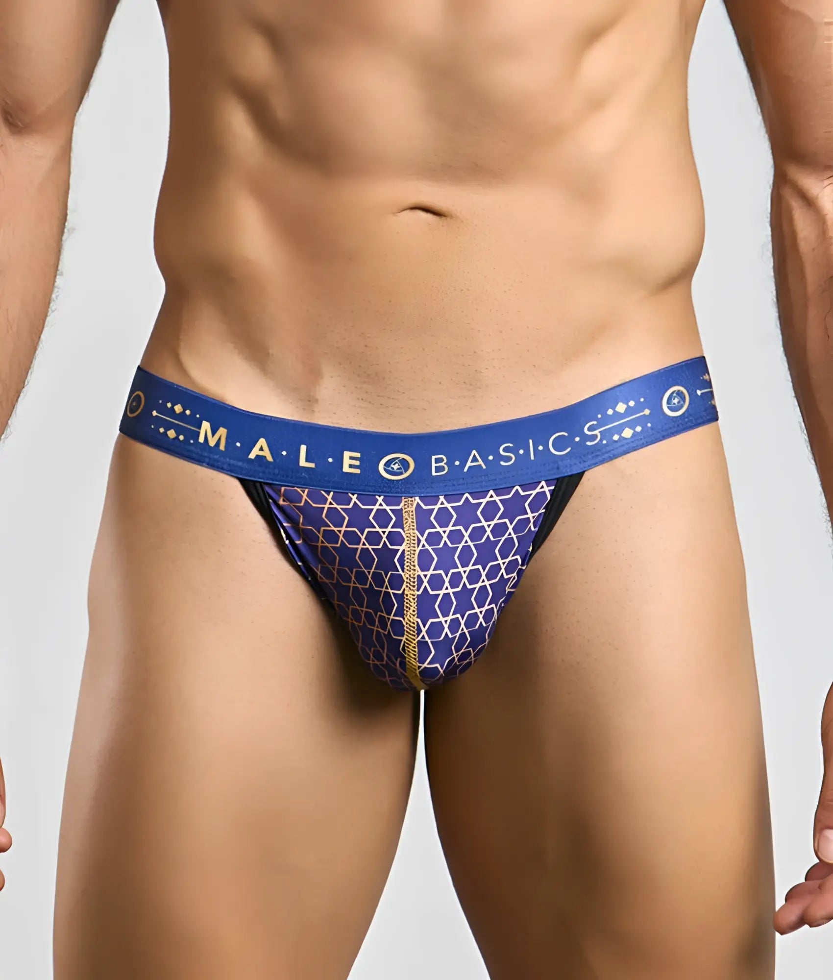 Malebasics hipster jockstrap in blue and gold patterned fabric with a geometric design for comfortable support