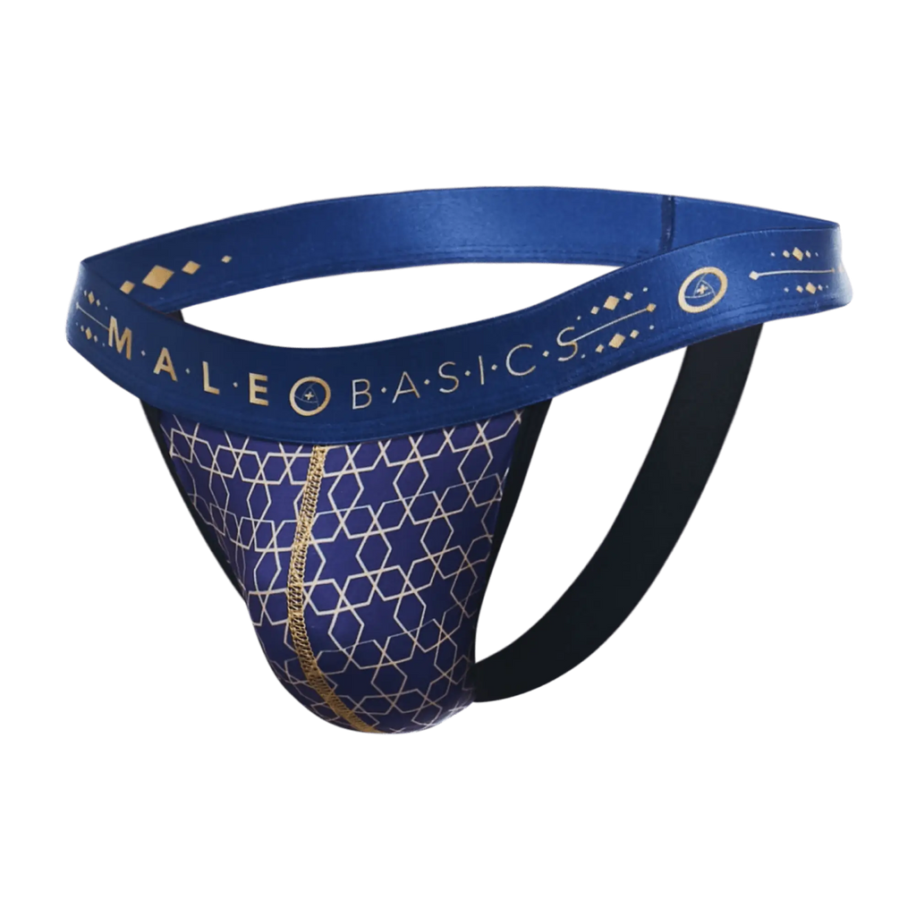 Malebasics hipster jockstrap briefs in blue and gold with a geometric pattern designed for male basics wear