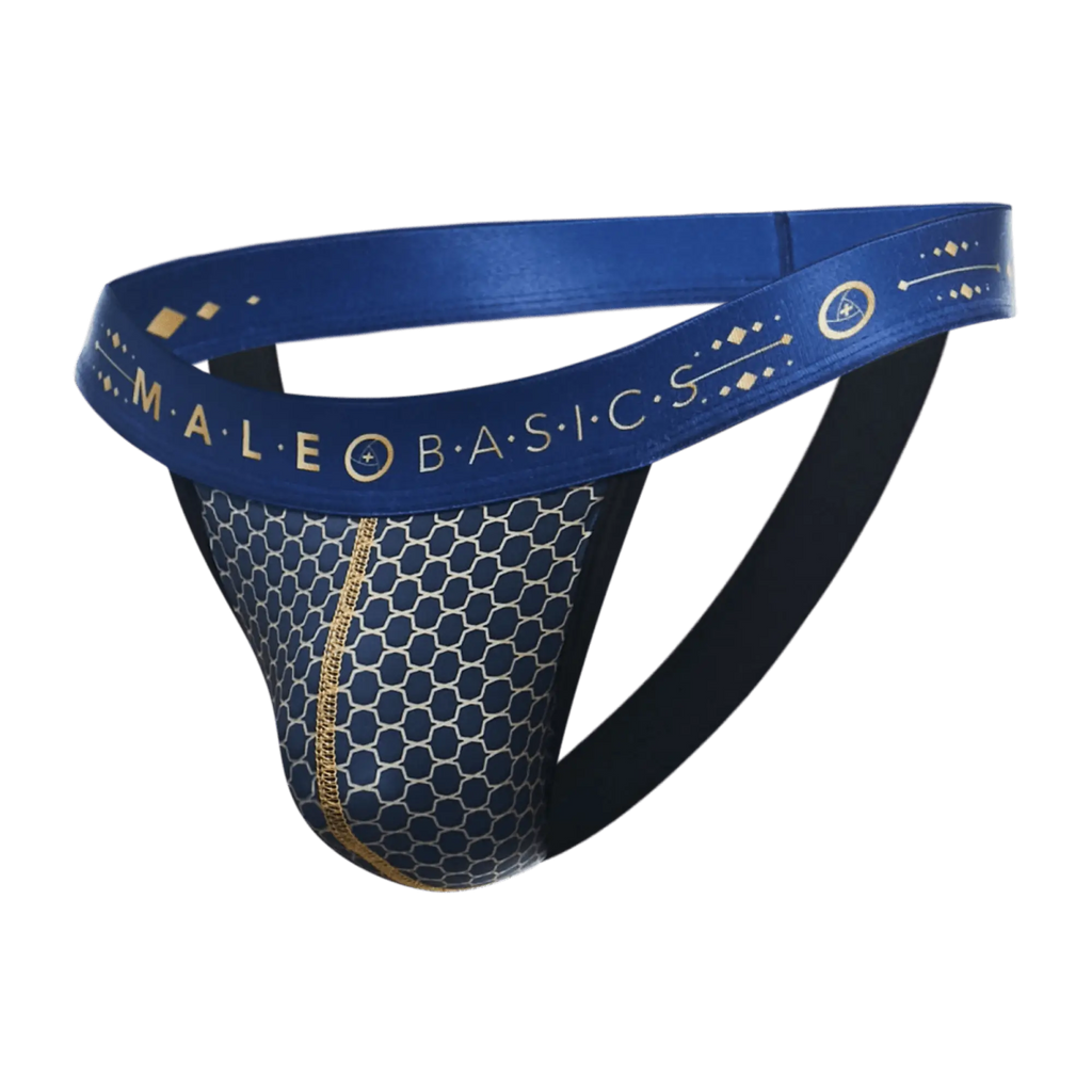 Malebasics hipster jockstrap blue athletic briefs with honeycomb mesh pattern and gold trim front view
