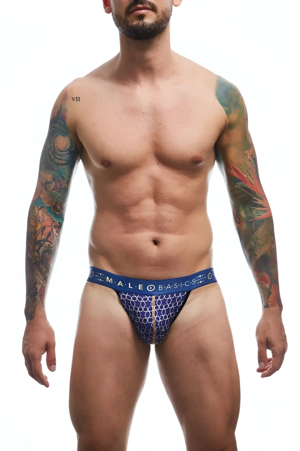 Malebasics hipster jockstrap in blue patterned fabric with geometric design and male basics branded waistband