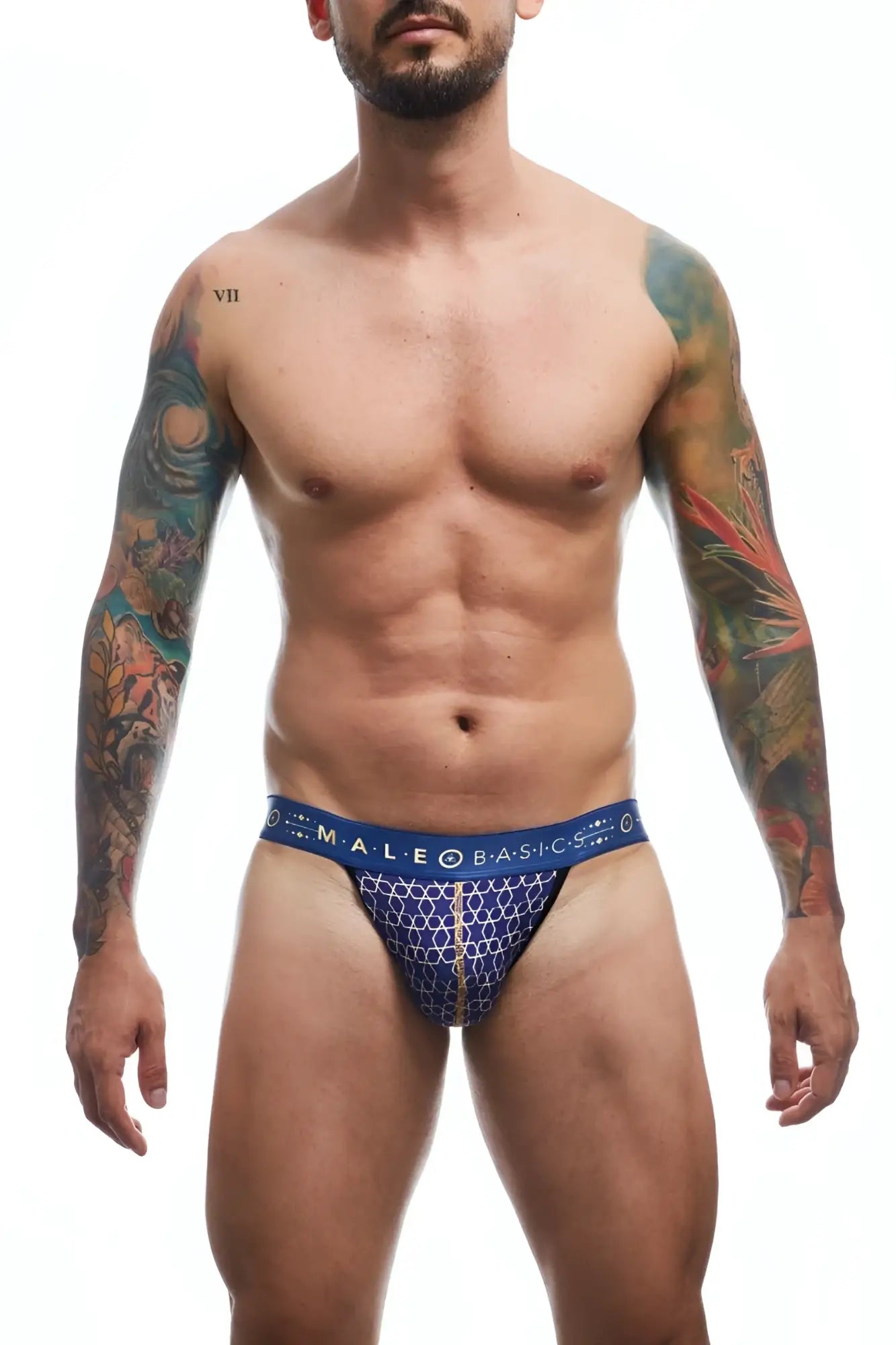 Malebasics hipster jockstrap in blue patterned fabric with geometric design and male basics branded waistband