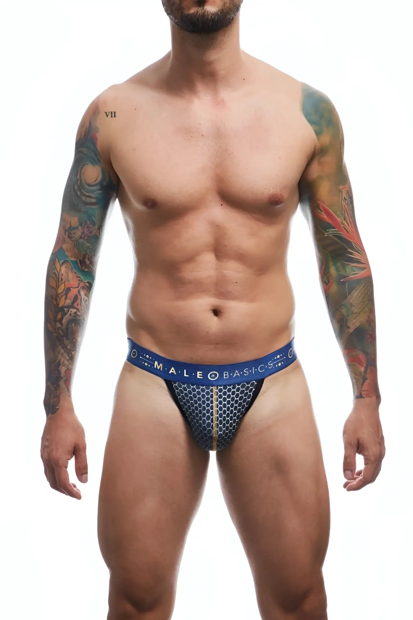 Malebasics hipster jockstrap blue patterned briefs with honeycomb design and gold trim for men