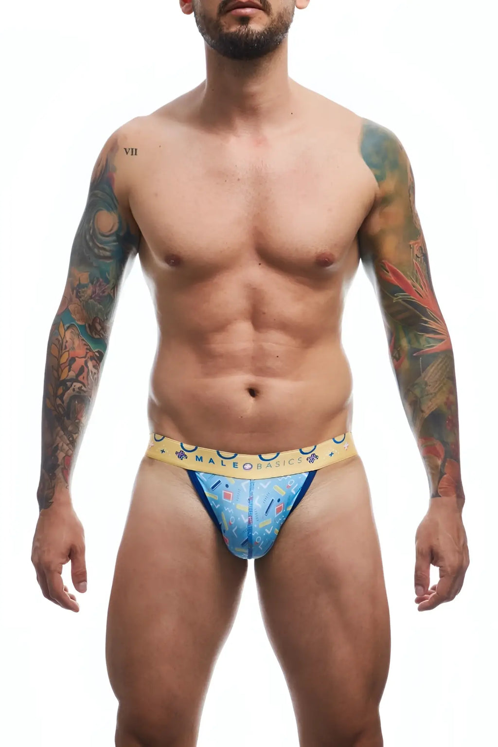 Blue patterned malebasics hipster jockstrap briefs with yellow waistband featuring male basics branding