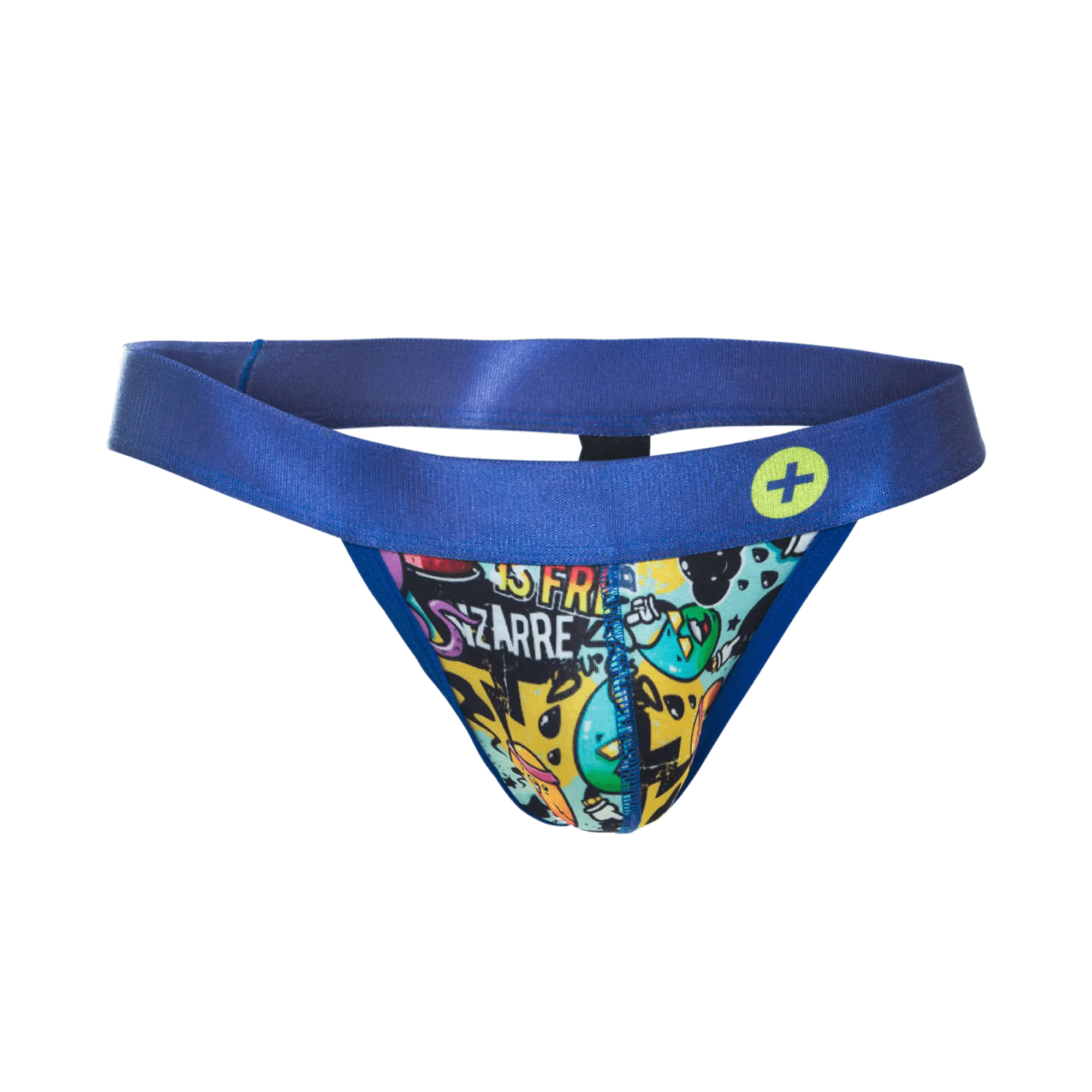 Malebasics hipster jockstrap in blue with vibrant graffiti style print featuring yellow black and teal colors