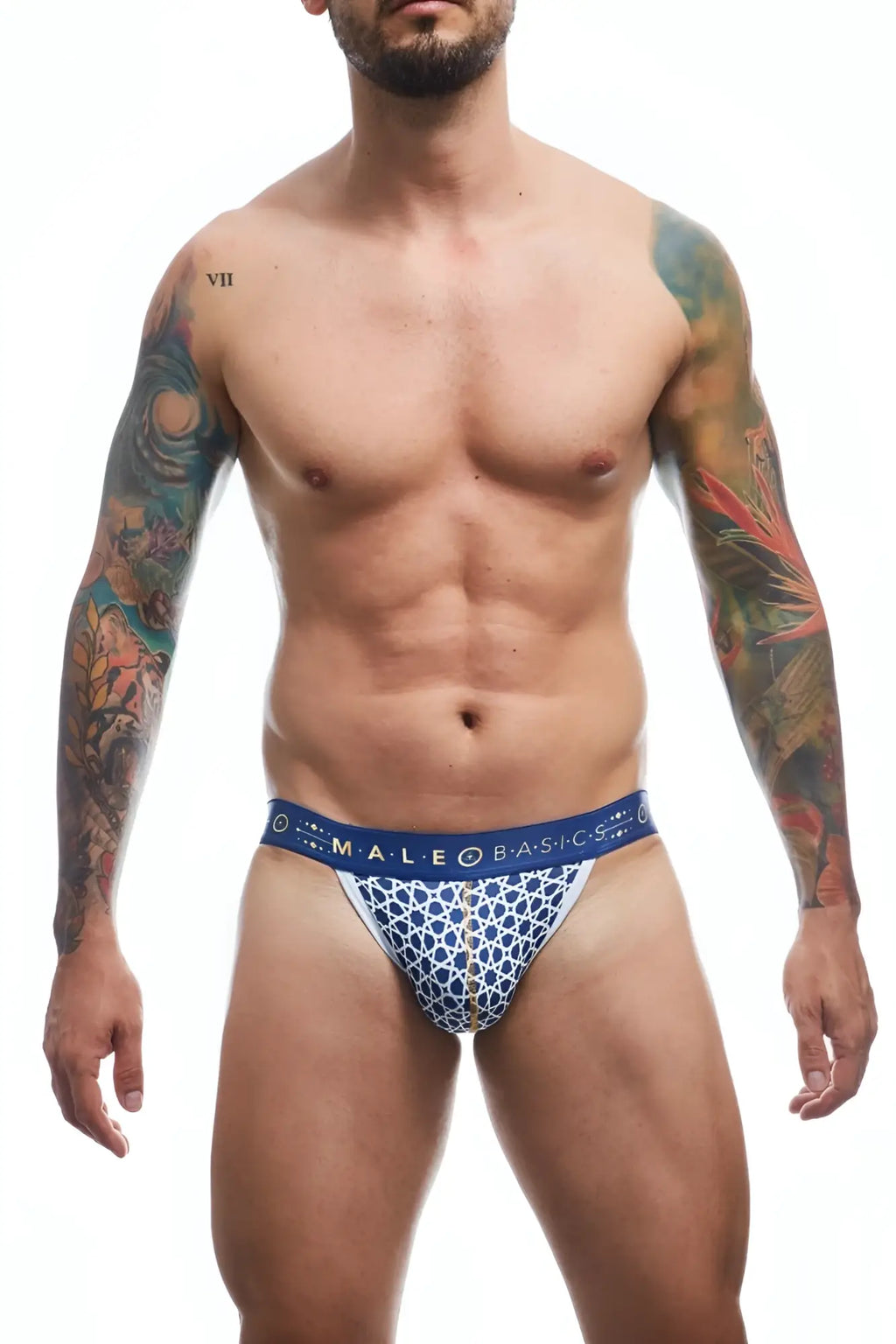 Malebasics hipster jockstrap in blue and white patterned geometric design male briefs for comfortable support