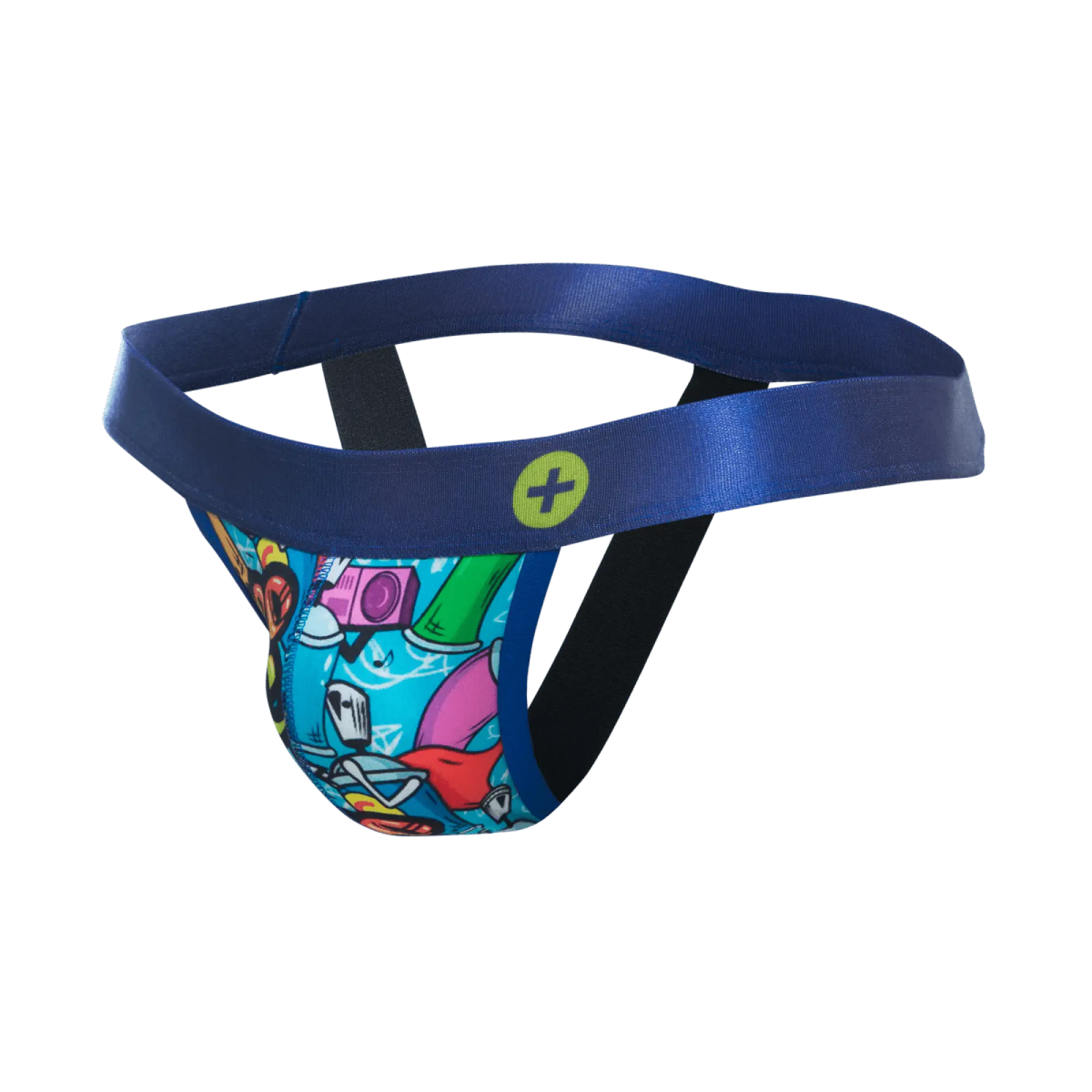 Malebasics hipster jockstrap comics blue athletic supporter with vibrant graffiti-style print and cartoon characters