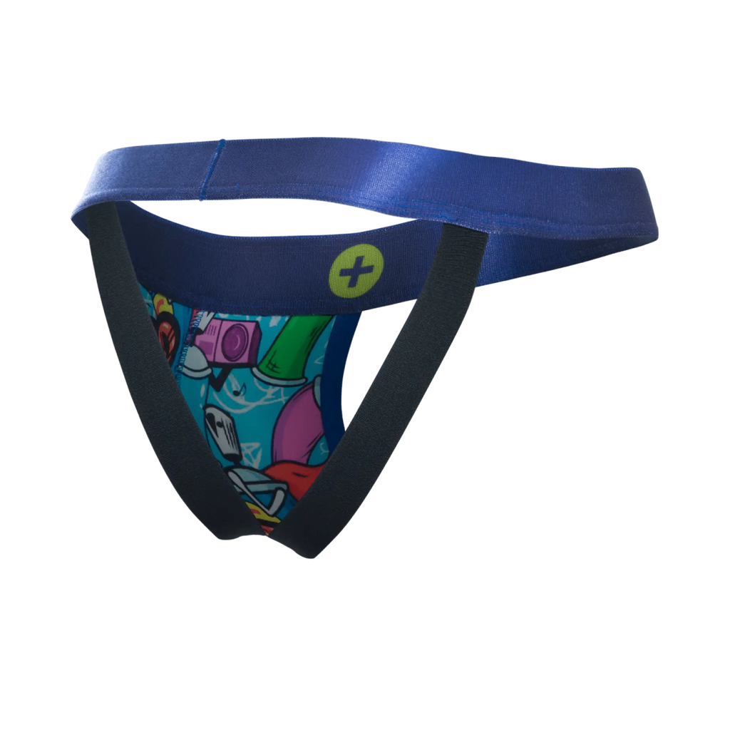Malebasics hipster jockstrap comics in blue and black with vibrant cartoon-themed graphic print for athletic use