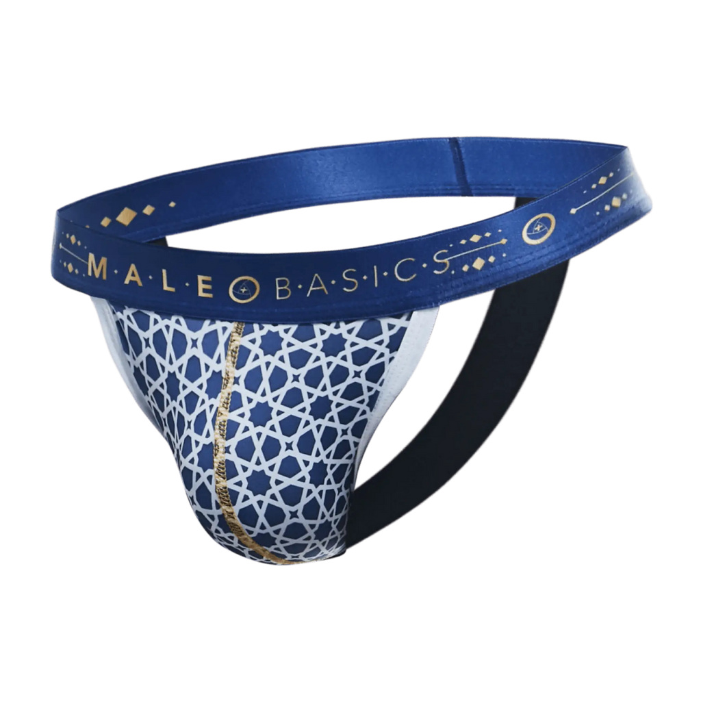 Malebasics hipster jockstrap comics in blue and white patterned fabric with gold trim for comfortable support