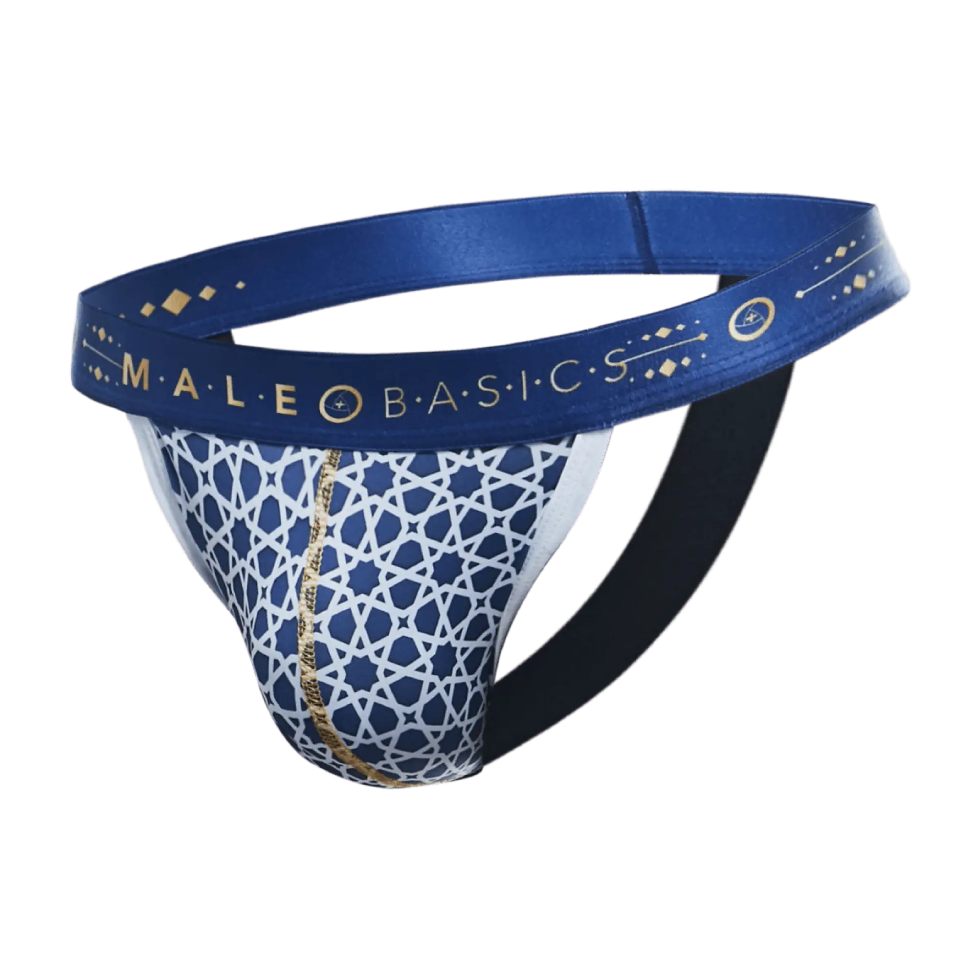 Malebasics hipster jockstrap comics in blue and white patterned fabric with gold trim for comfortable support