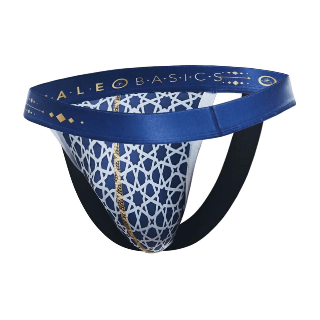 Malebasics hipster jockstrap comics blue and white patterned briefs with gold trim and ale basics waistband logo