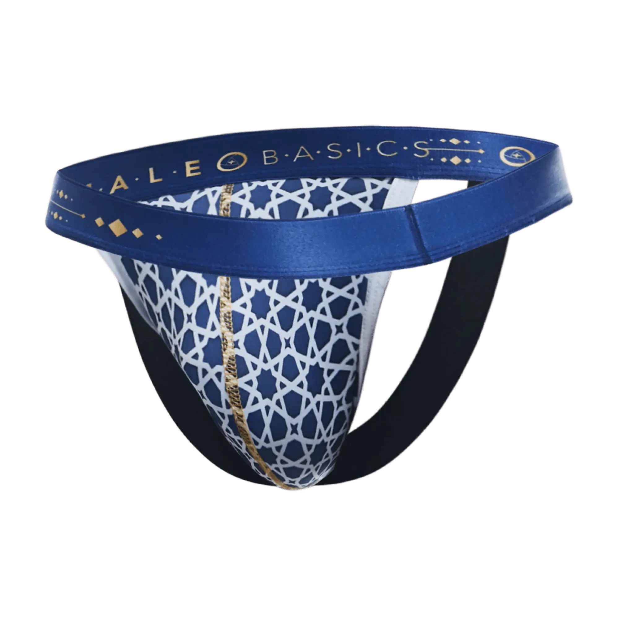 Malebasics hipster jockstrap comics blue and white patterned briefs with gold trim and ale basics waistband logo