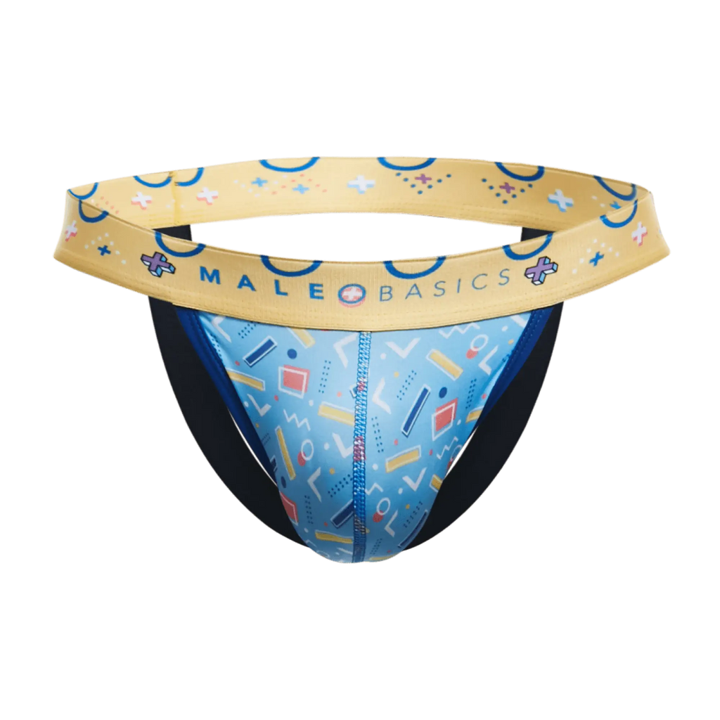 Malebasics hipster jockstrap comics in blue and yellow geometric patterned athletic briefs for active wear