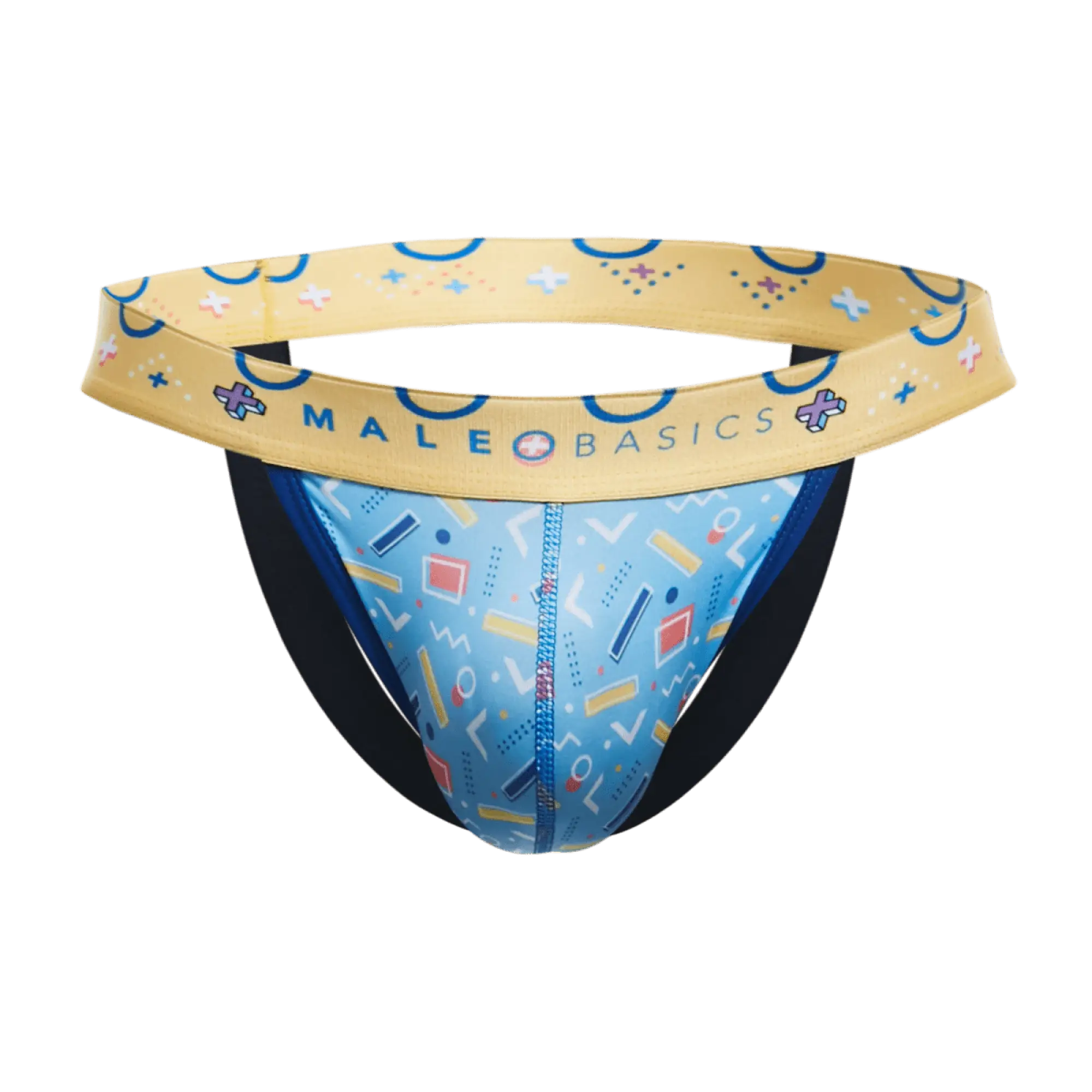 Malebasics hipster jockstrap comics in blue and yellow geometric patterned athletic briefs for active wear
