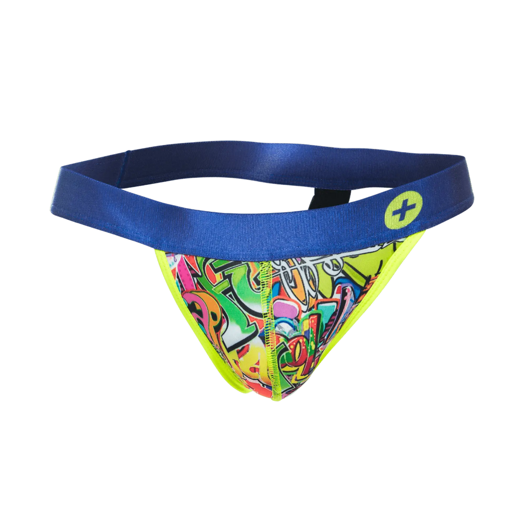 Malebasics hipster jockstrap comics with vibrant graffiti pattern bold blue waistband and neon yellow trim front view