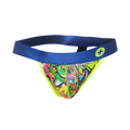 Malebasics hipster jockstrap comics with vibrant graffiti pattern bold blue waistband and neon yellow trim front view