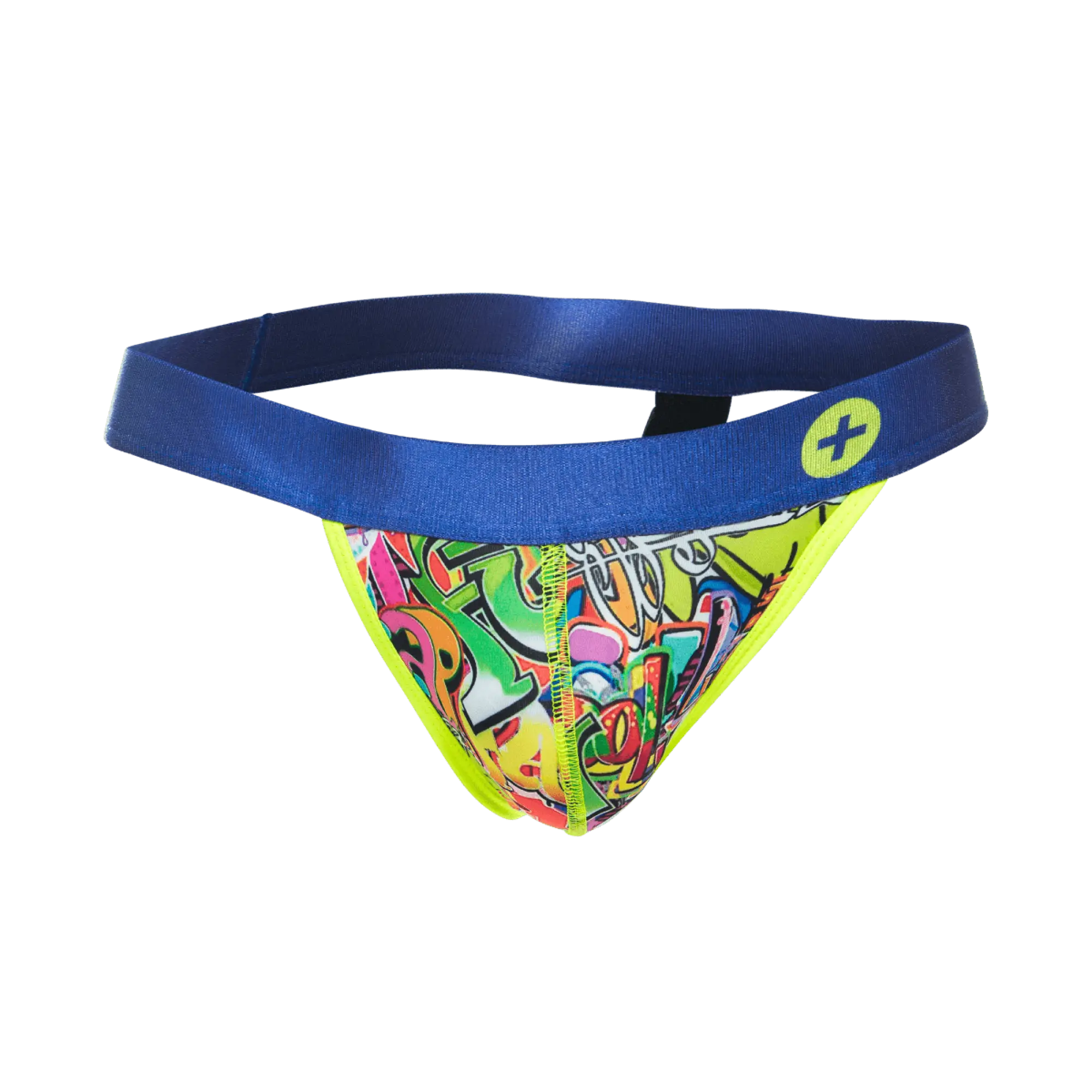 Malebasics hipster jockstrap comics with vibrant graffiti pattern bold blue waistband and neon yellow trim front view
